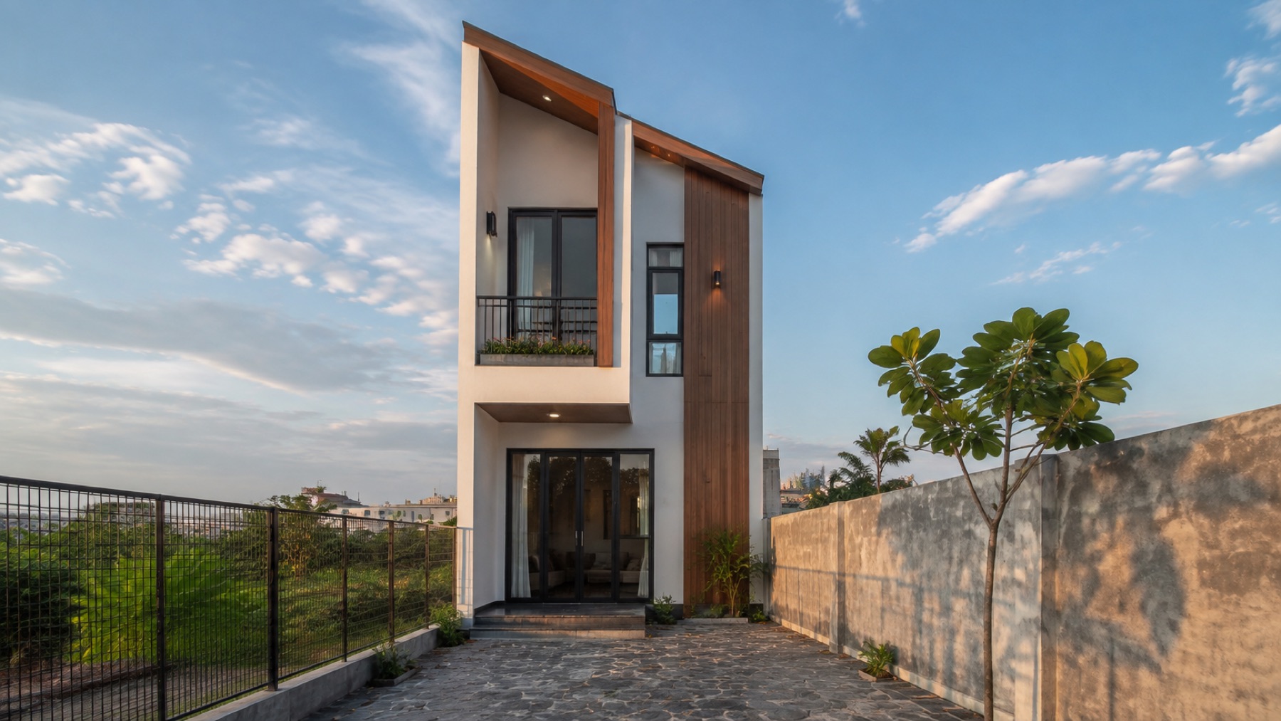 Nhà phố hai khối mái lệch, ốp gỗ kết hợp tường trắng, chụp lúc chiều