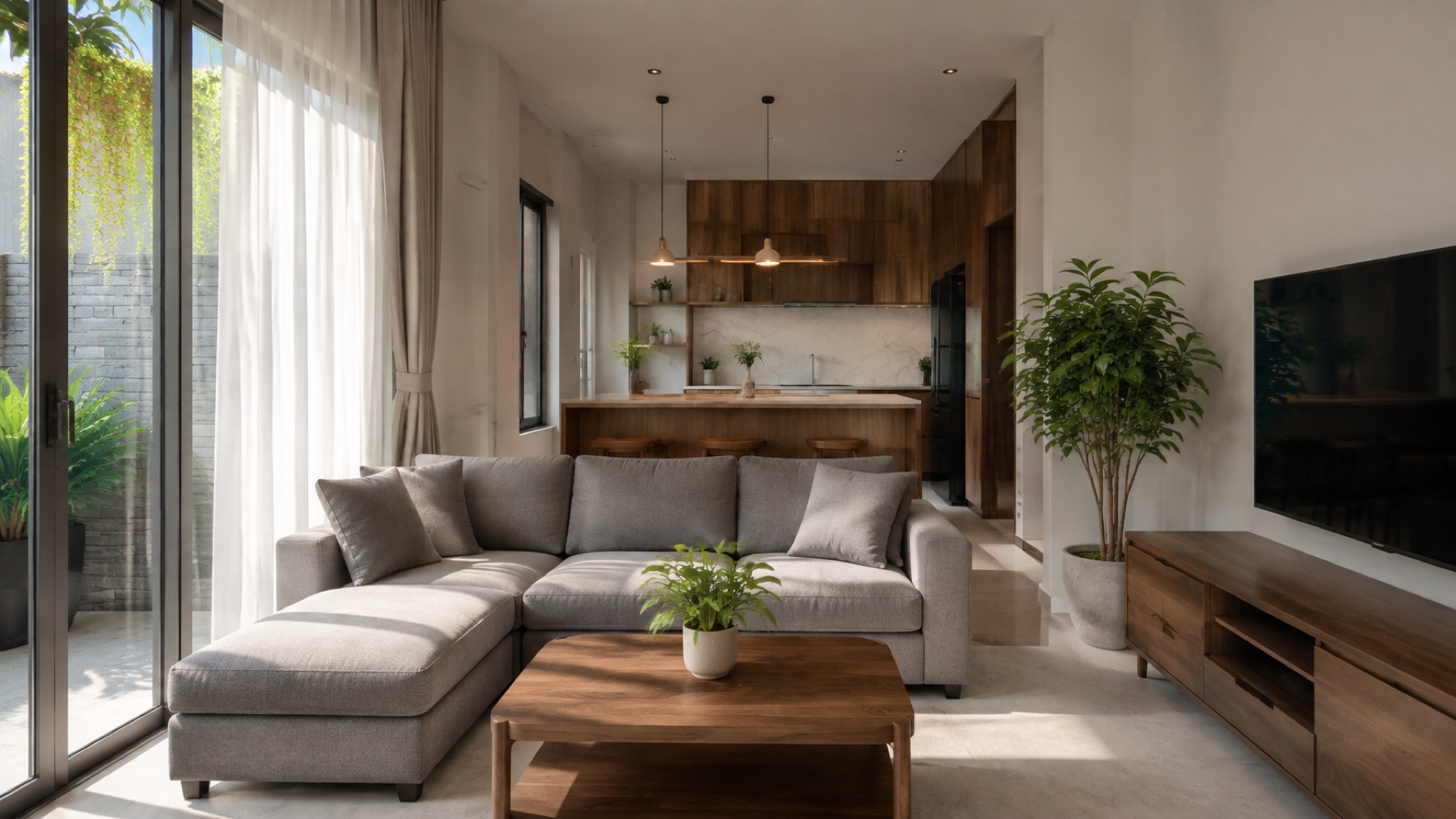 Phòng khách thông bếp, sofa xám, tủ gỗ và cửa kính mở ra sân