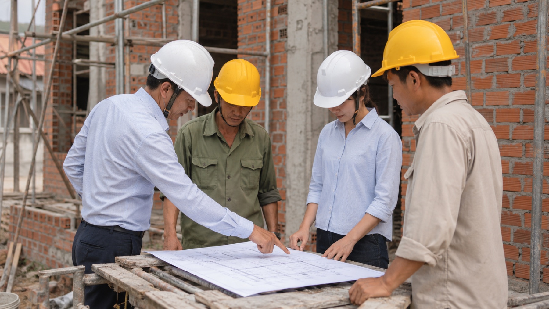 Bốn người gồm hai kỹ sư và hai thợ chính trao đổi quanh bản vẽ tại công trường