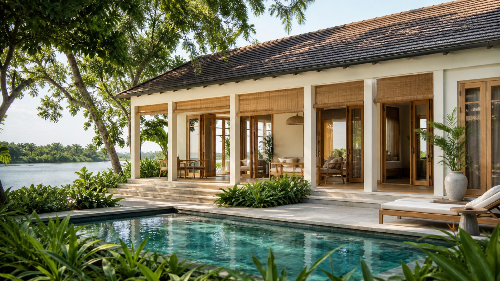 Mặt tiền Villa Vườn Riêng ven sông, hồ bơi riêng, vườn nhiệt đới buổi sáng