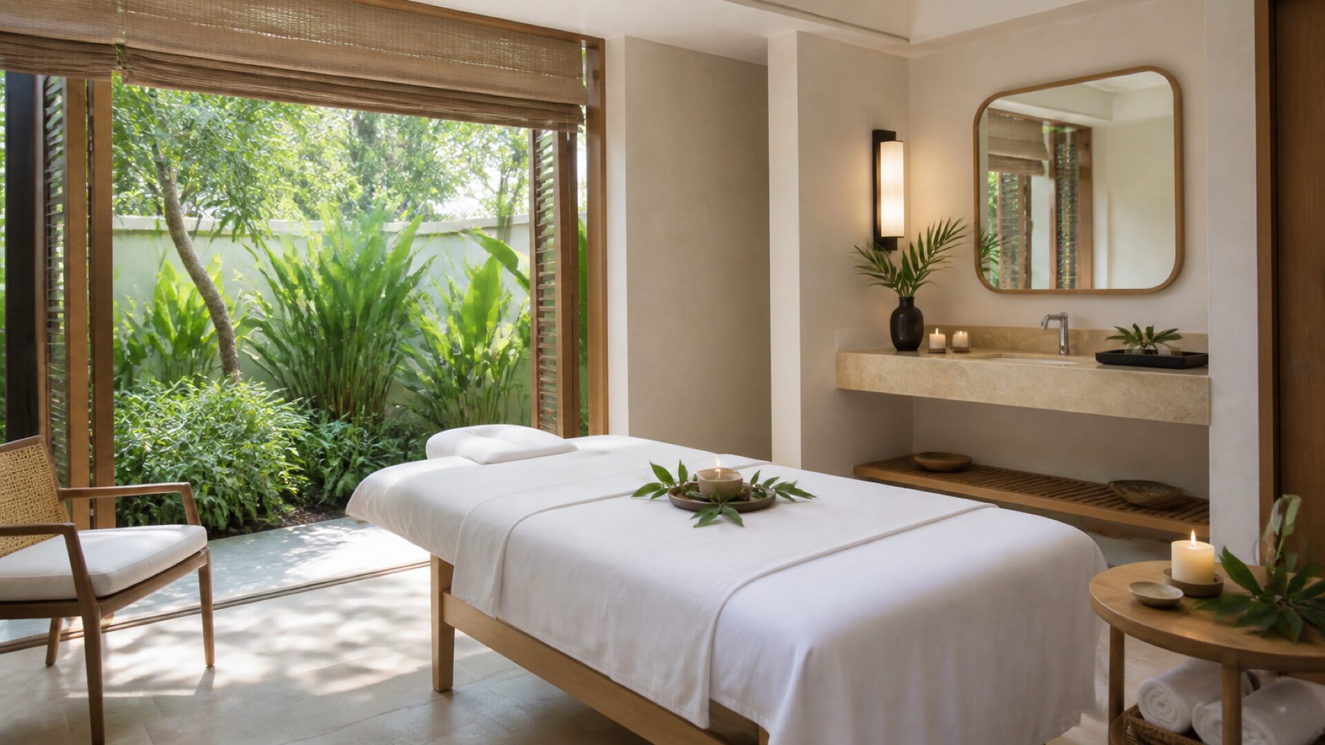 Phòng trị liệu spa Bạch Liên, ánh sáng tự nhiên, tông trắng và xanh lá