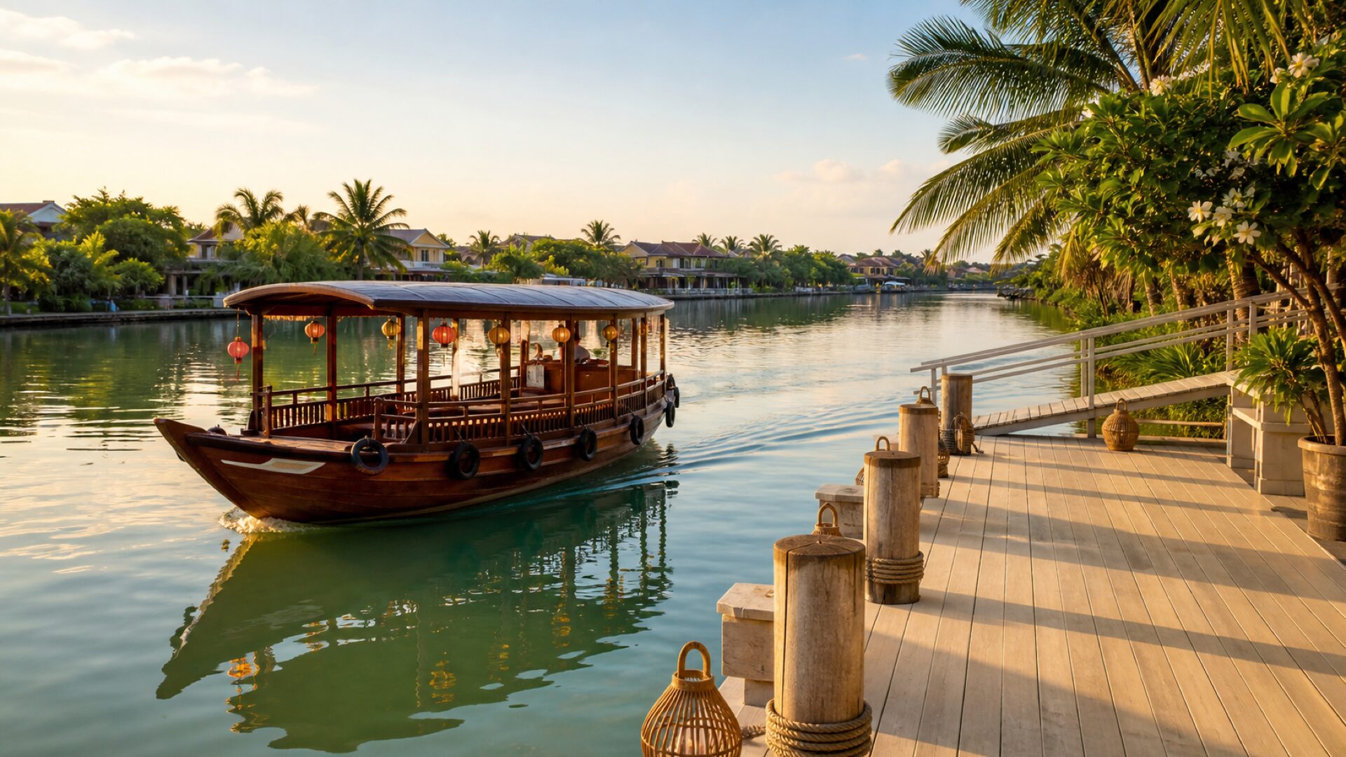Thuyền gỗ truyền thống tại bến sông Bạch Liên, đèn lồng nhỏ, chiều tà