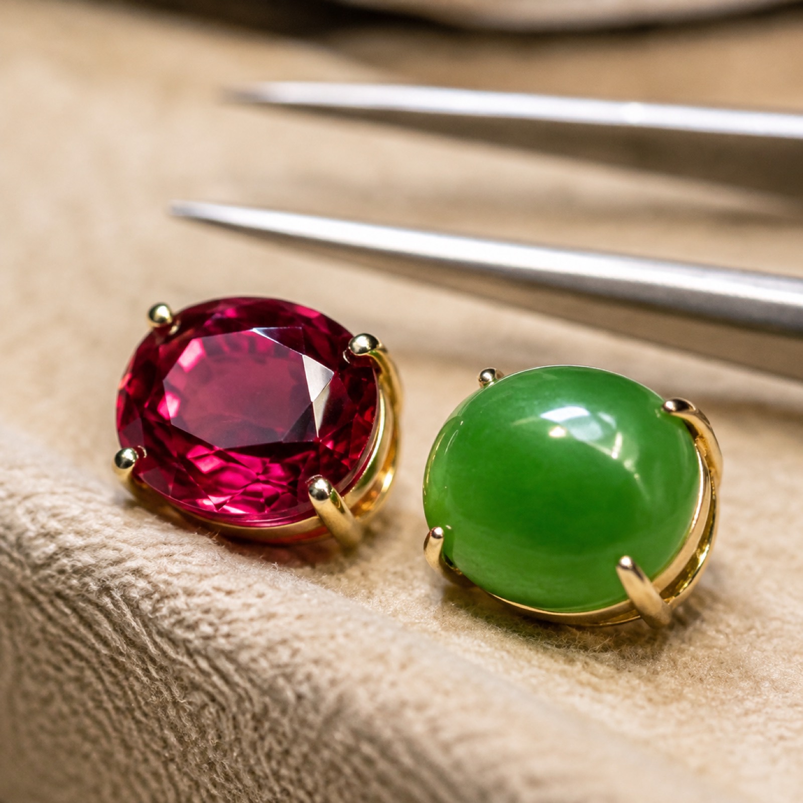 Cận cảnh một viên ruby đỏ và một viên cẩm thạch xanh gắn ổ vàng, bên cạnh chiếc nhíp của thợ