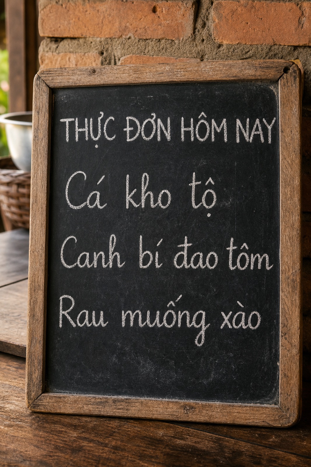 Bảng gỗ viết tay thực đơn hôm nay treo trước cửa Bếp Má