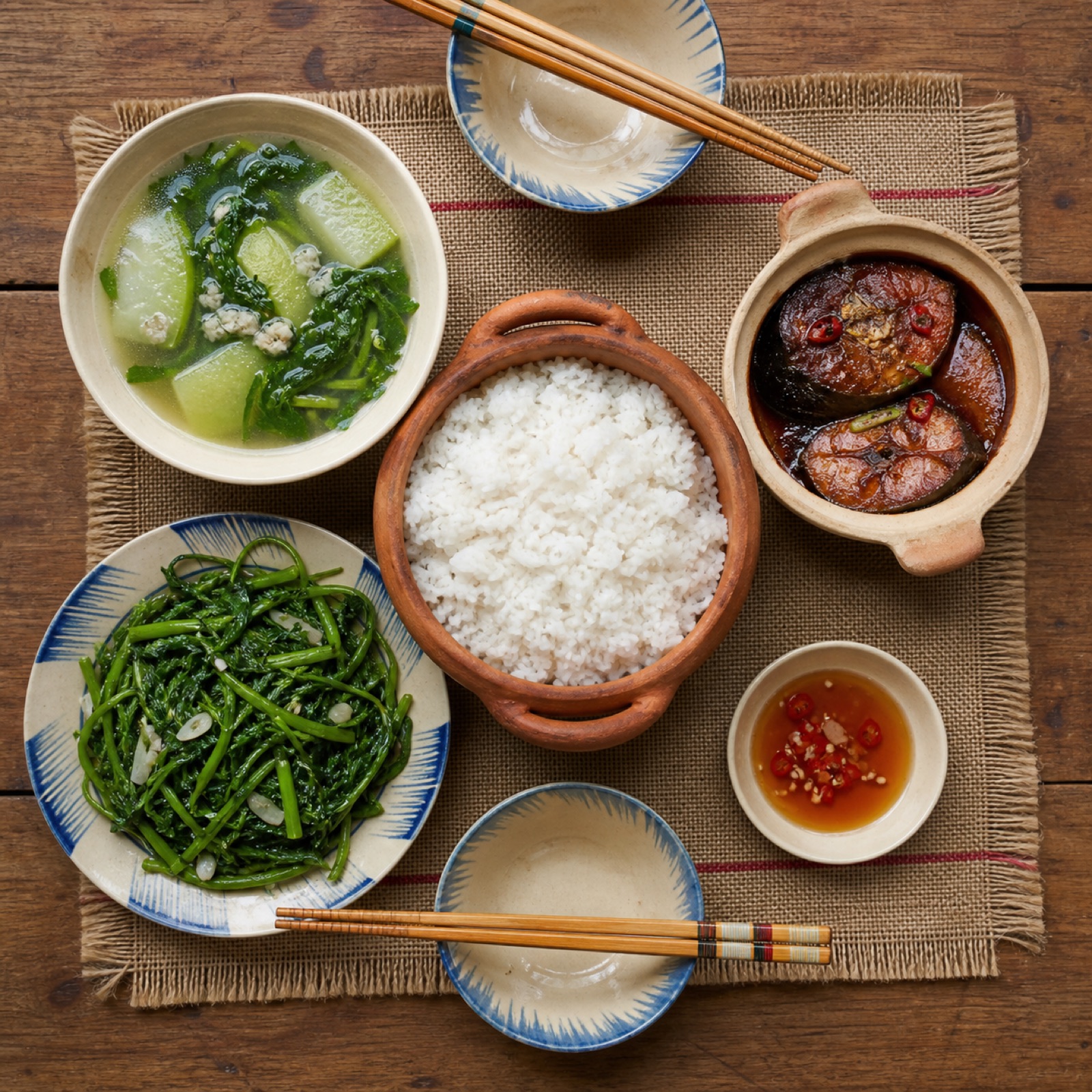 Mâm cơm Bếp Má nhìn từ trên xuống, gồm cơm, canh, cá kho và rau xào