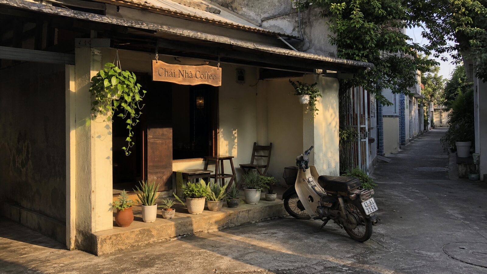 Mặt tiền Chái Nhà Coffee trong hẻm, buổi sáng sớm, biển hiệu gỗ nhỏ và chậu cây trên bậc thềm