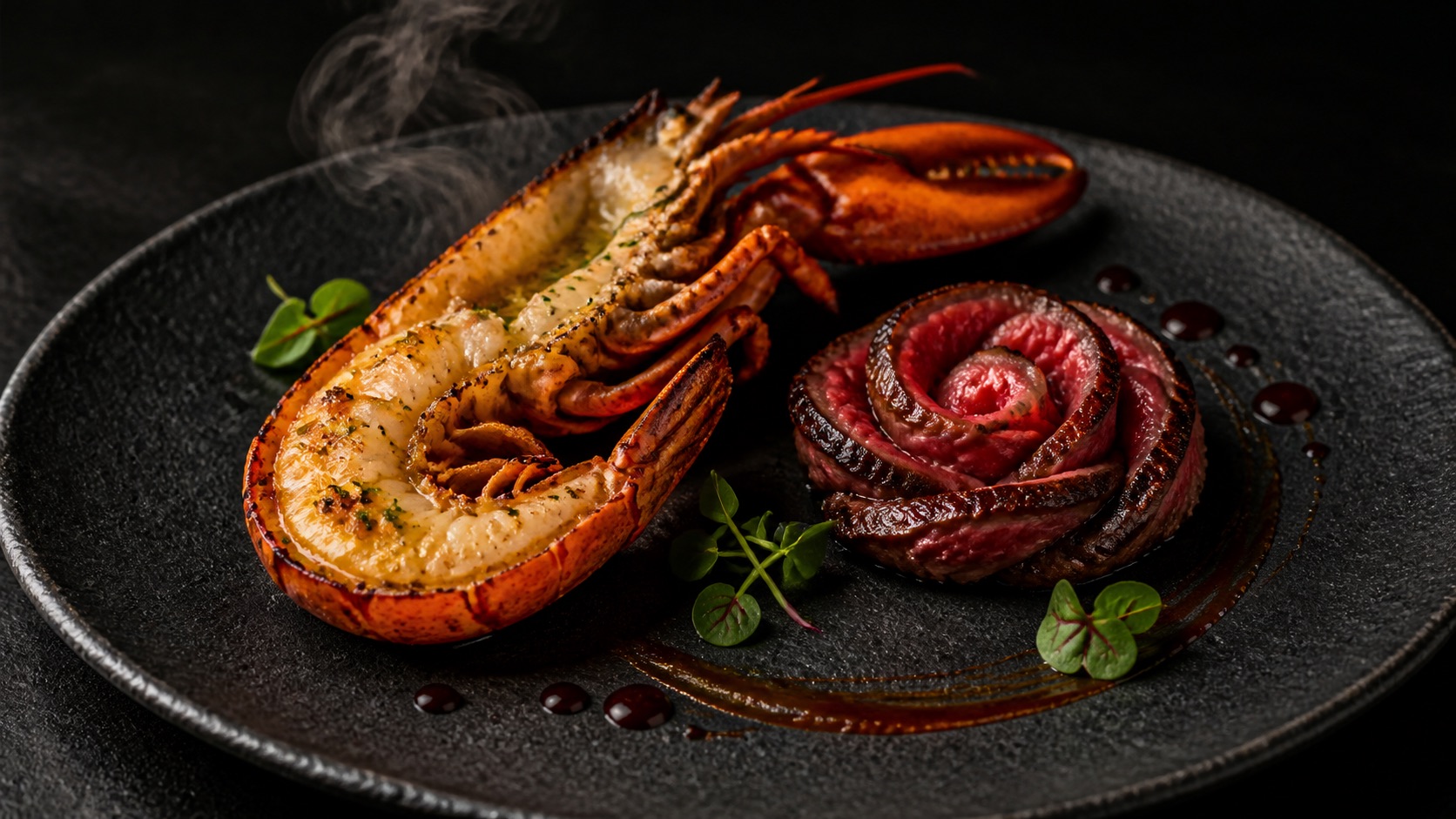 Đĩa plating fine-dining tại Ember Tide: tôm hùm nướng bơ tỏi và bò áp than cắt lát