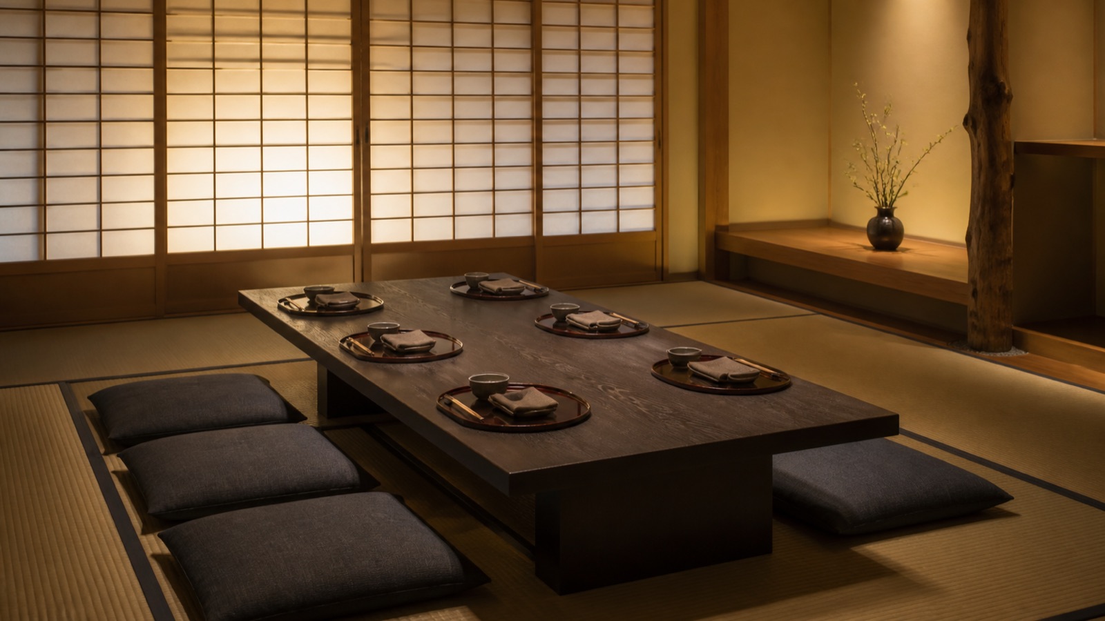 Phòng kaiseki riêng tư kiểu tatami với bàn thấp 6 chỗ và vách shoji
