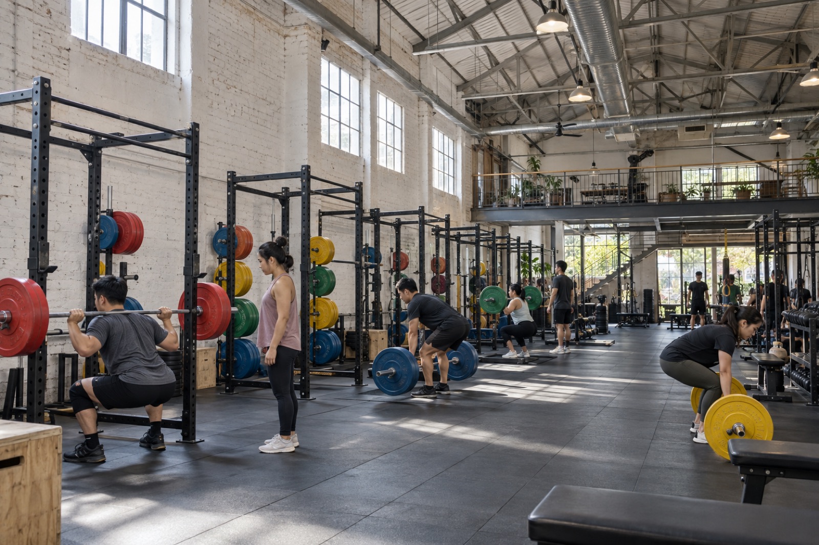 Sàn chính KHO 39: hàng rack squat, bánh tạ nhiều màu, trần kèo thép và gác lửng phía xa