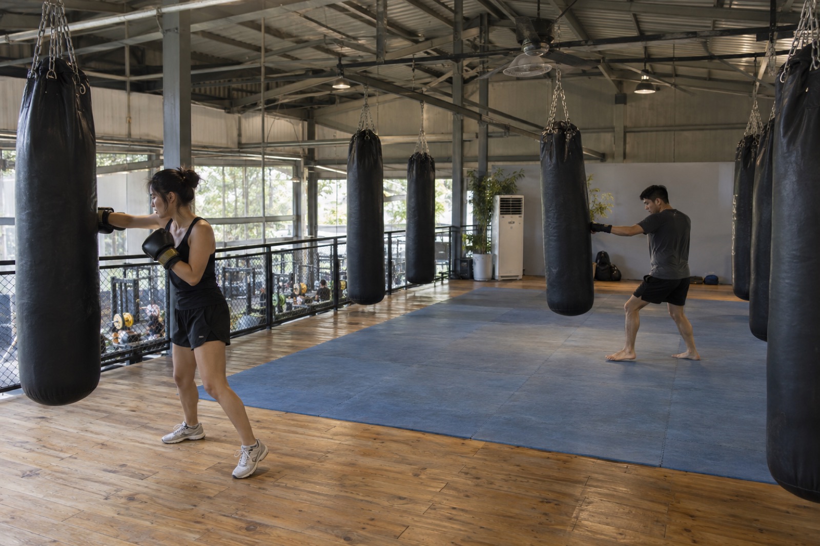 Gác lửng: bao cát đen treo xích, thảm tập, lan can nhìn xuống sàn tạ