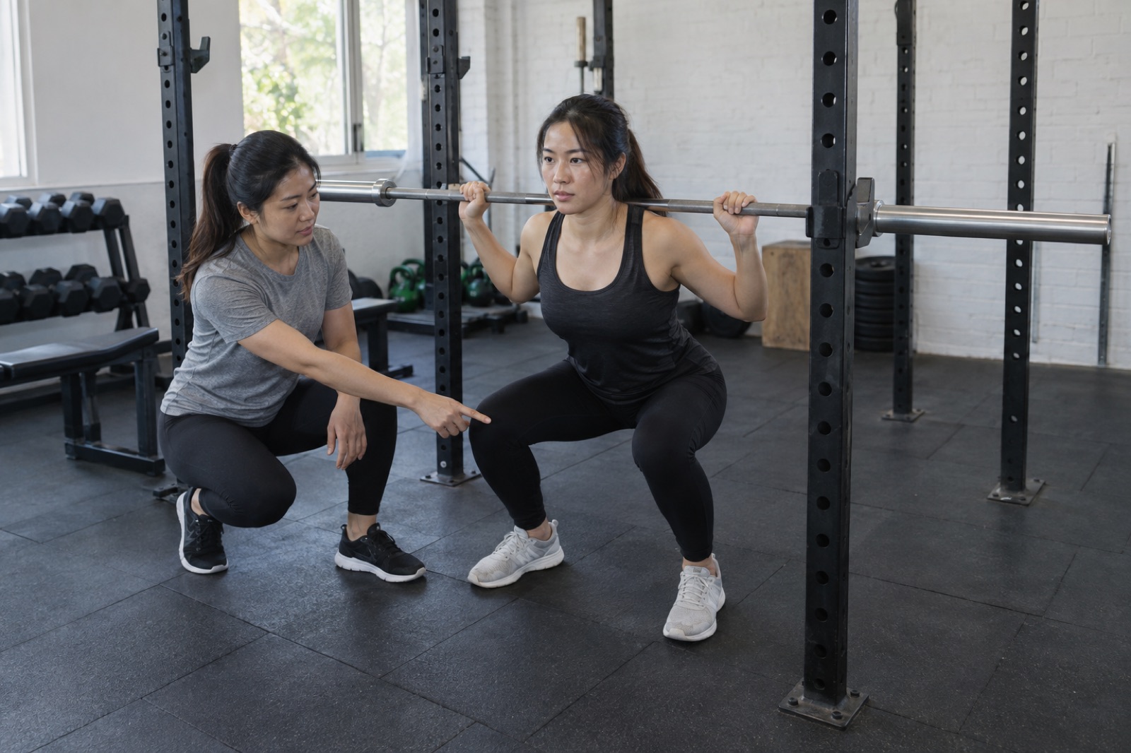 HLV Linh chỉnh đầu gối cho người mới tập squat với đòn không