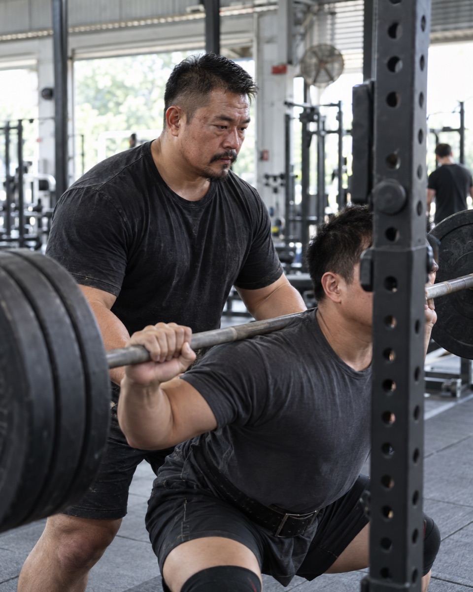 Nguyễn Văn Tâm đang bảo hộ squat cho hội viên trong rack