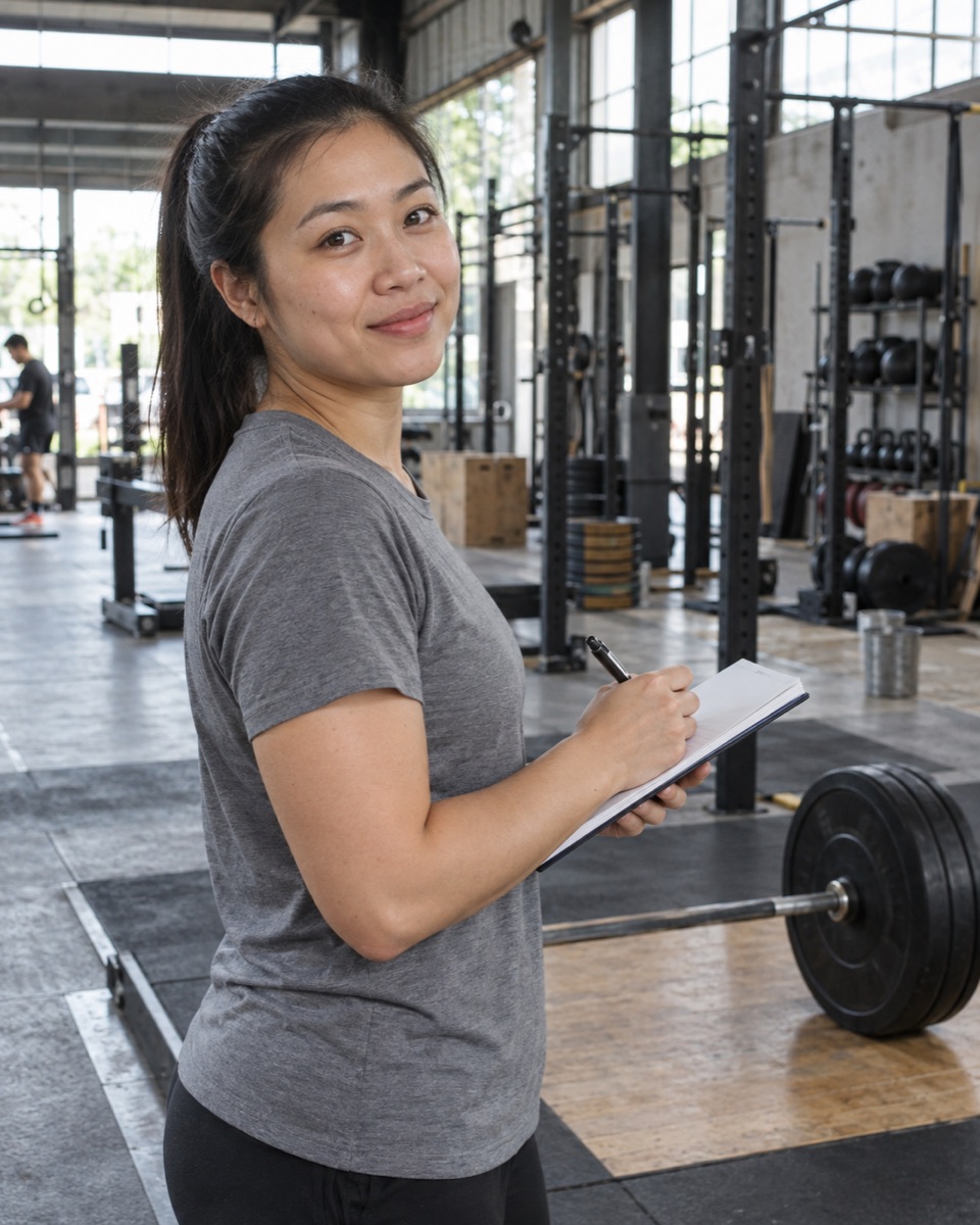 Trần Thị Mỹ Linh cầm sổ ghi chép cạnh bục deadlift