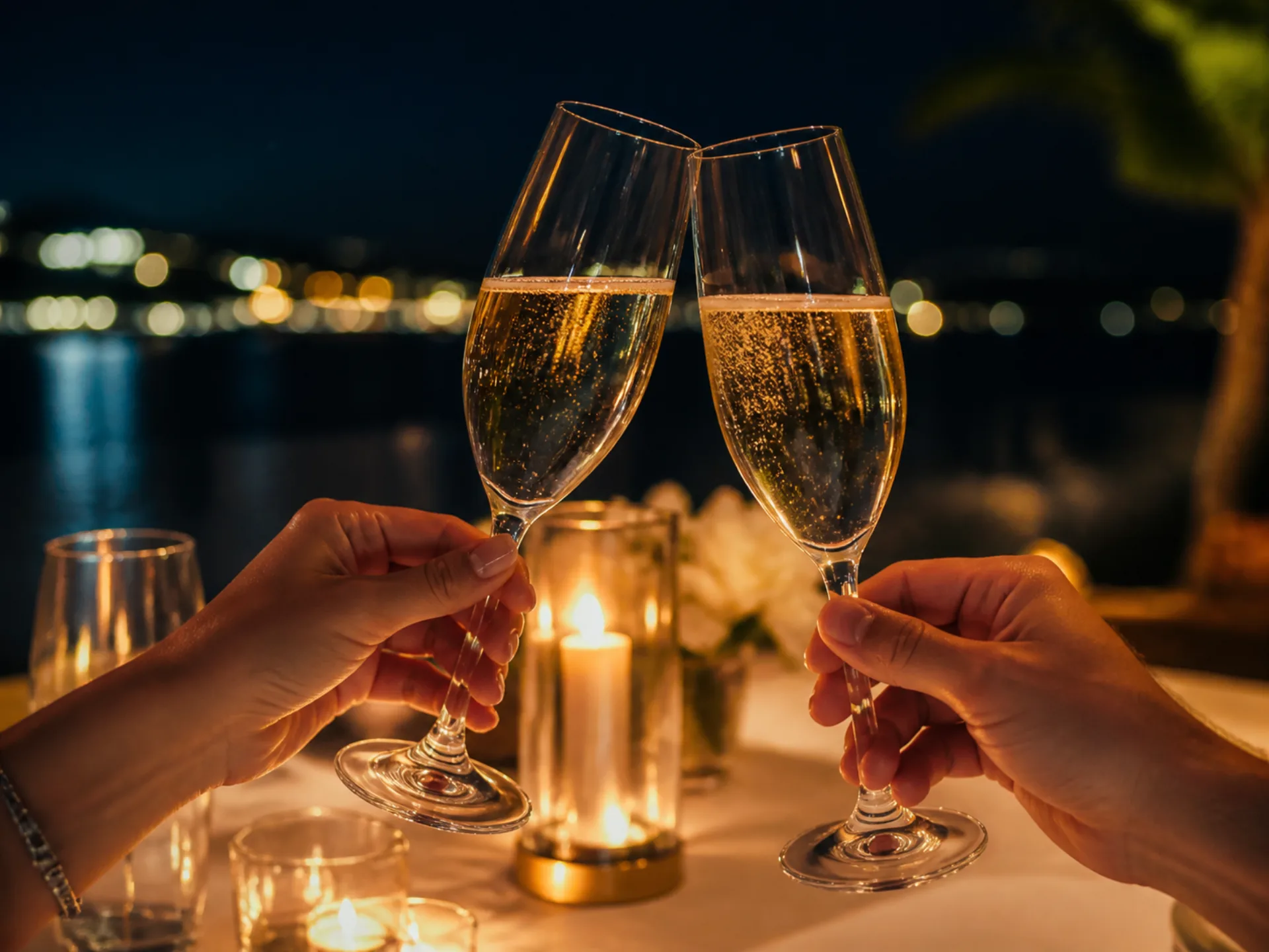 Hai ly champagne chạm nhau, biển đêm và ánh nến phía sau