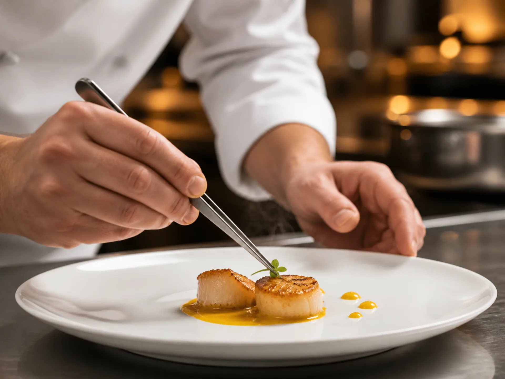 Chef Étienne Lâm plating a dish at La Marée
