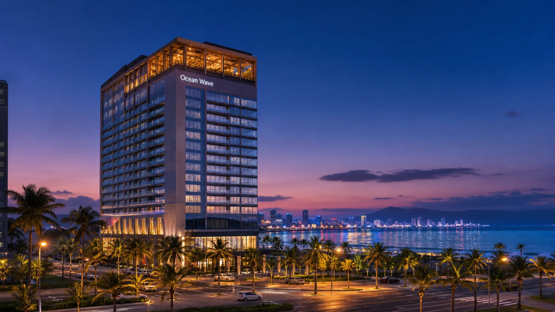 Mặt ngoài tòa Ocean Wave lúc chạng vạng, view từ đường lớn
