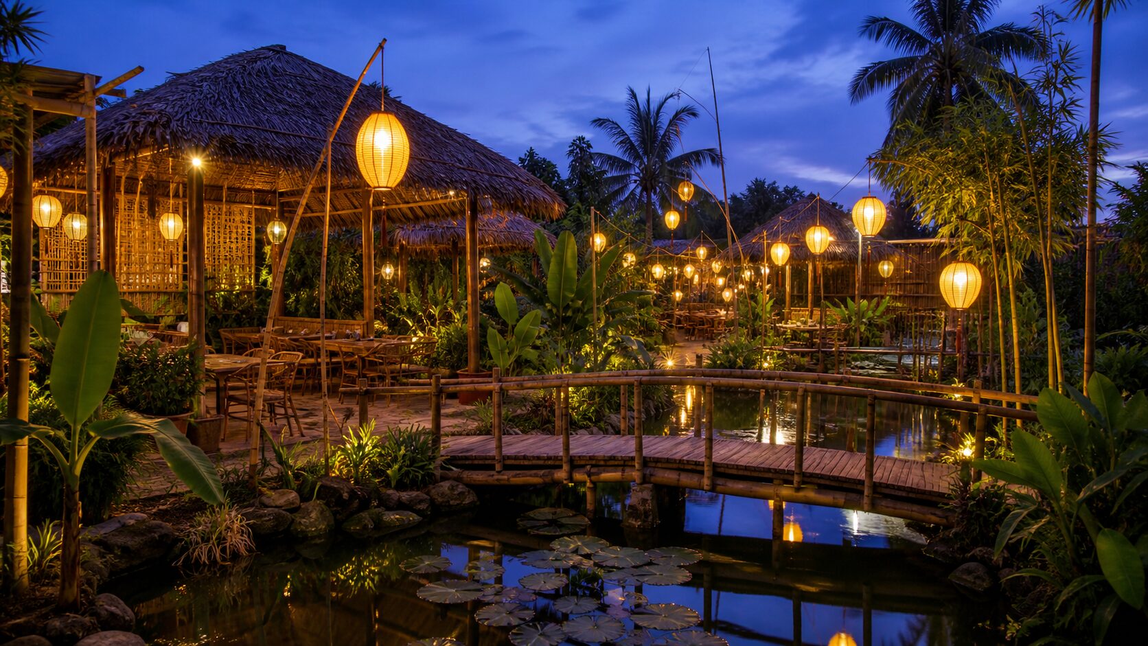 Sân vườn Lũy Tre Garden lúc chạng vạng, đèn lồng giấy dó thắp sáng lối đi và ao cá