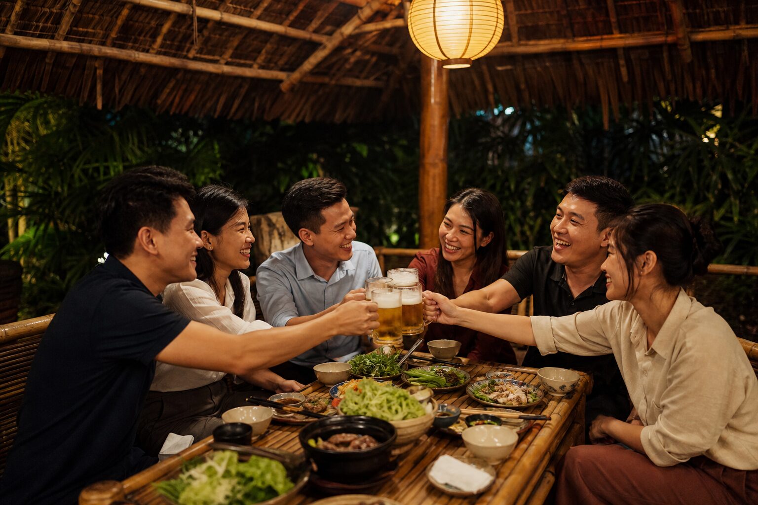 Nhóm bạn ngồi trong chòi lá riêng, cụng ly bia tươi buổi tối