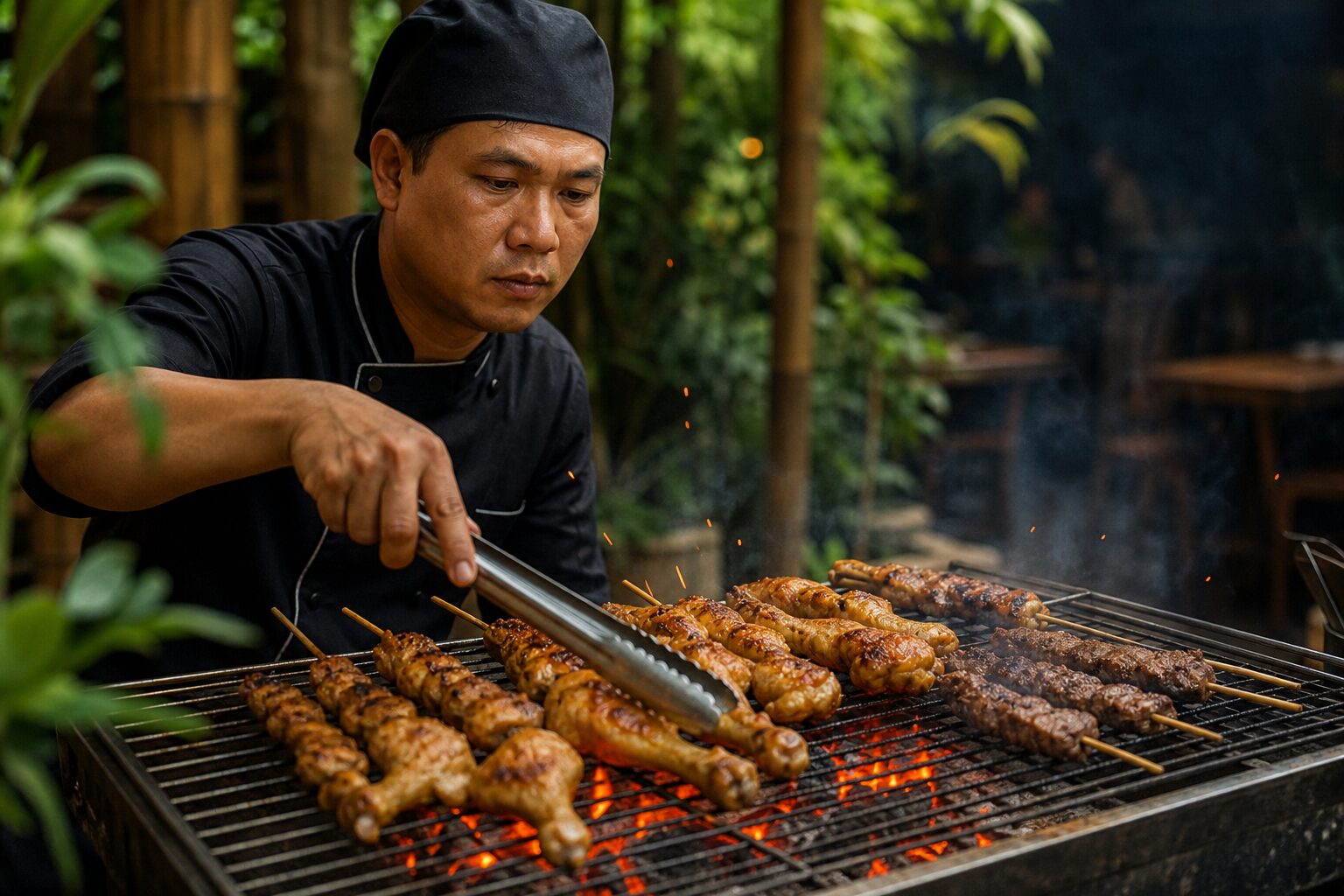 Đầu bếp nướng gà và xiên thịt trên bếp than hoa lộ thiên, khói và tia lửa