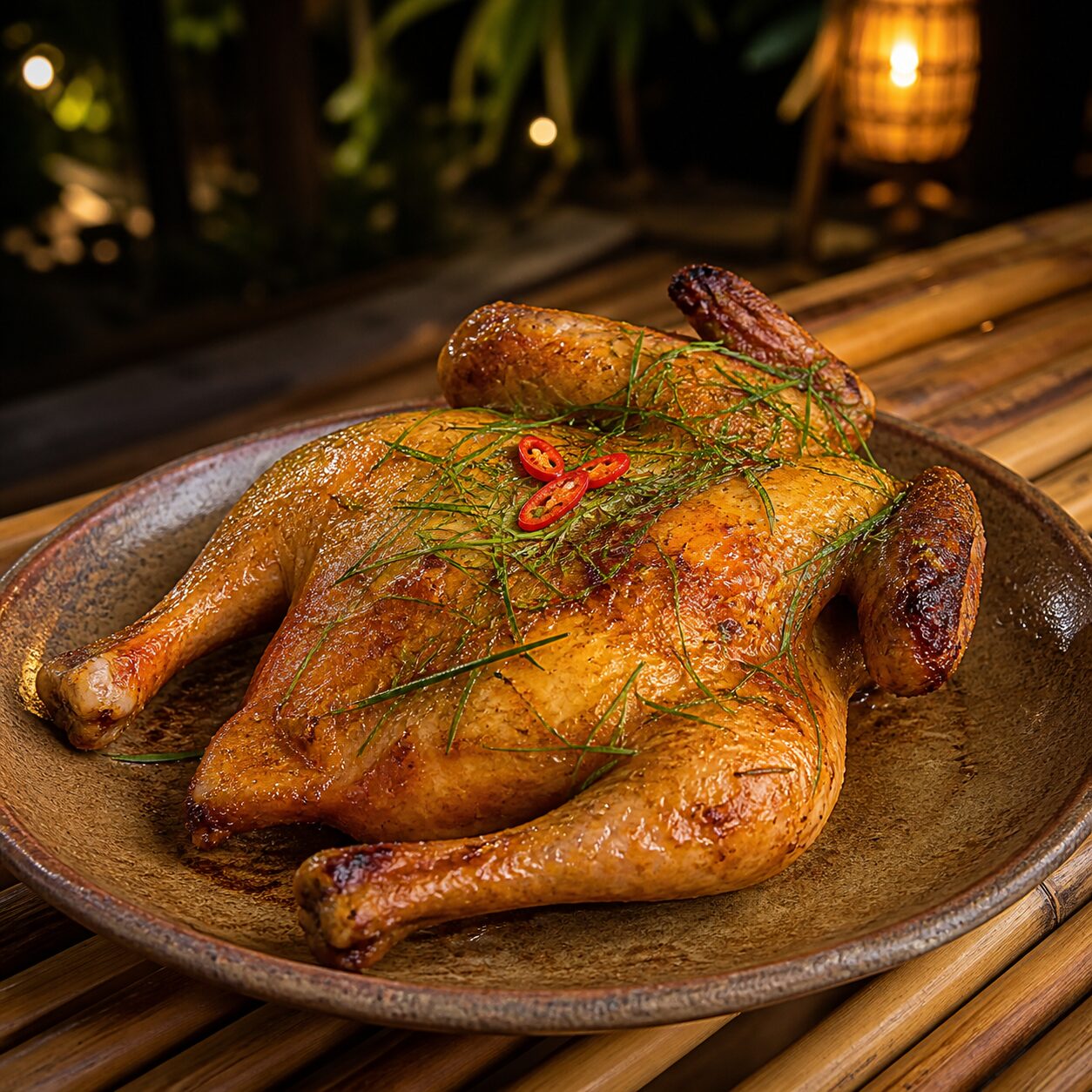 Gà nướng lá chanh nguyên con bày đĩa gốm