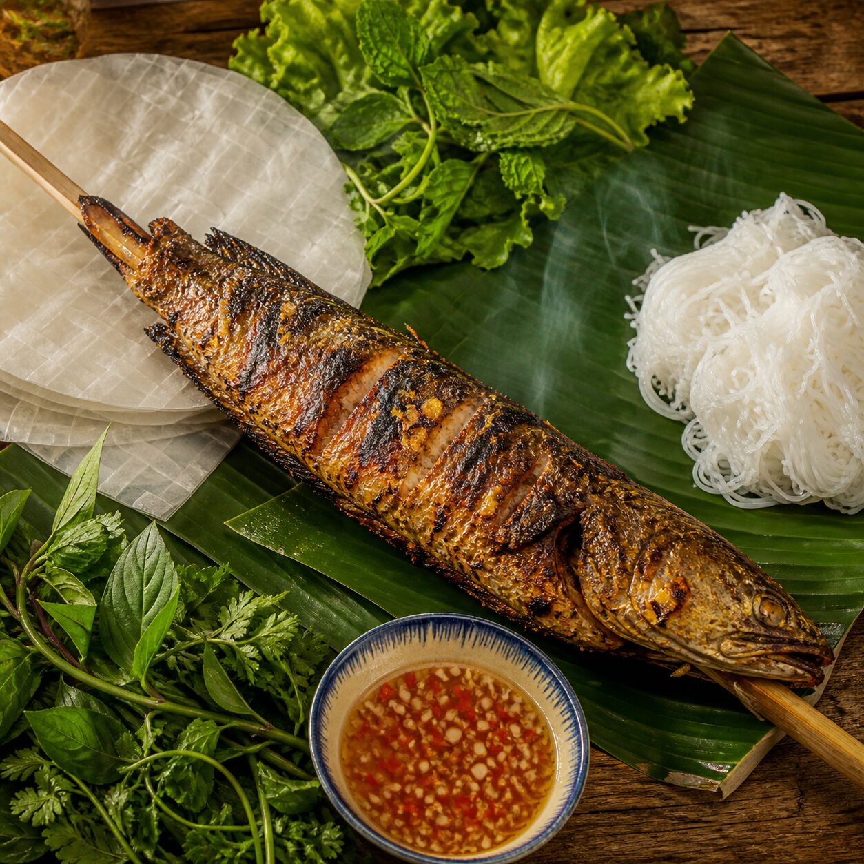 Cá lóc nướng trui cuốn bánh tráng, rau sống, bún