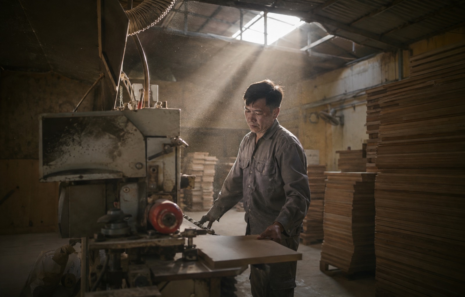 Thợ đẩy tấm ván qua máy trong xưởng mộc, bụi gỗ trong luồng sáng từ mái