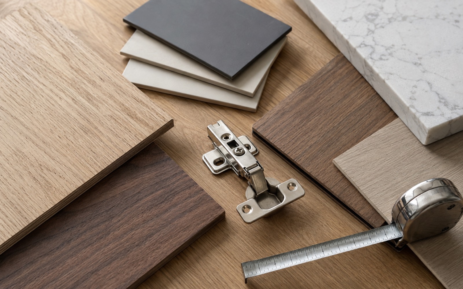 Mẫu veneer sồi và óc chó, mẫu laminate, đá nhân tạo, bản lề giảm chấn và thước cuộn xếp trên bàn