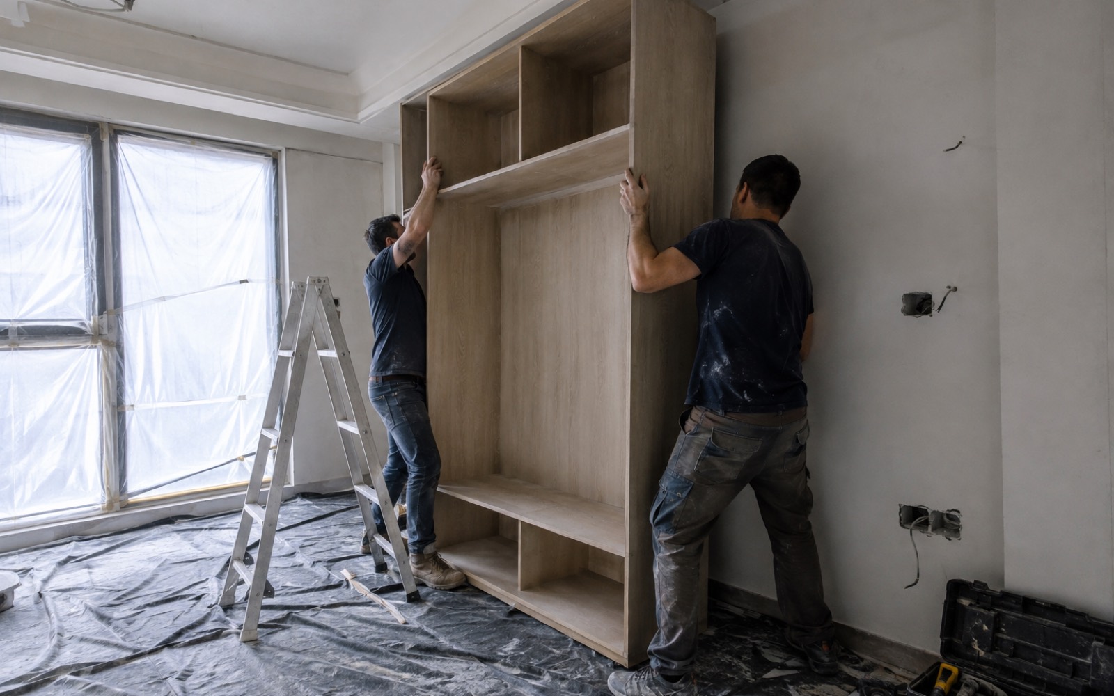 Hai thợ nâng thùng tủ áo vào vị trí trong căn hộ đang thi công
