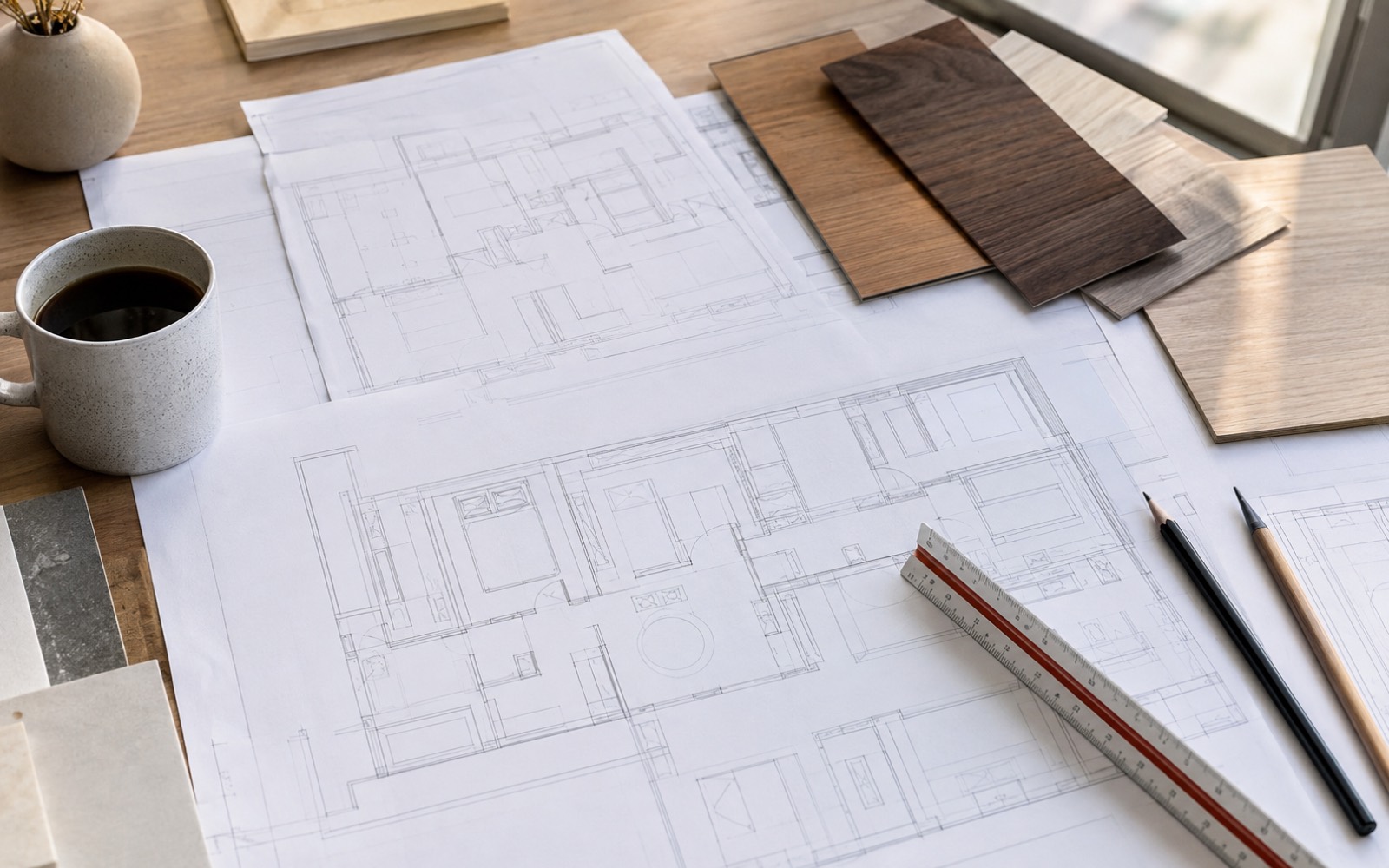 Bàn kiến trúc sư nhìn từ trên: bản vẽ mặt bằng in giấy, thước tam giác, bút chì, mẫu veneer