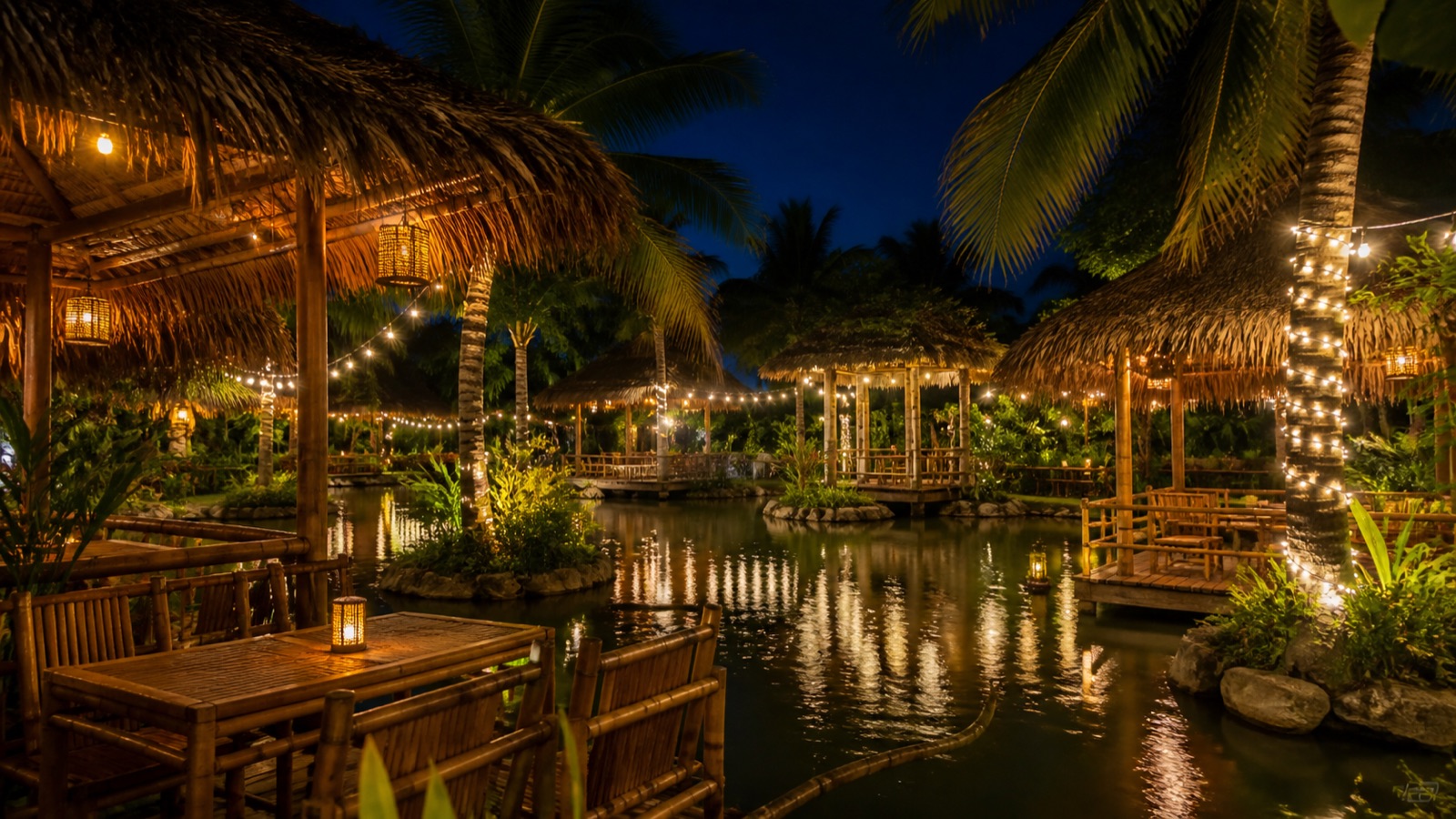 Sân vườn Rẫy Dừa Garden thắp đèn dây vàng ven ao buổi tối