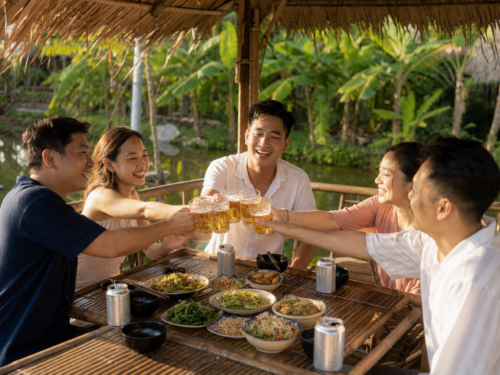 Nhóm bạn ngồi chòi ven ao, cụng ly bia buổi chiều tà