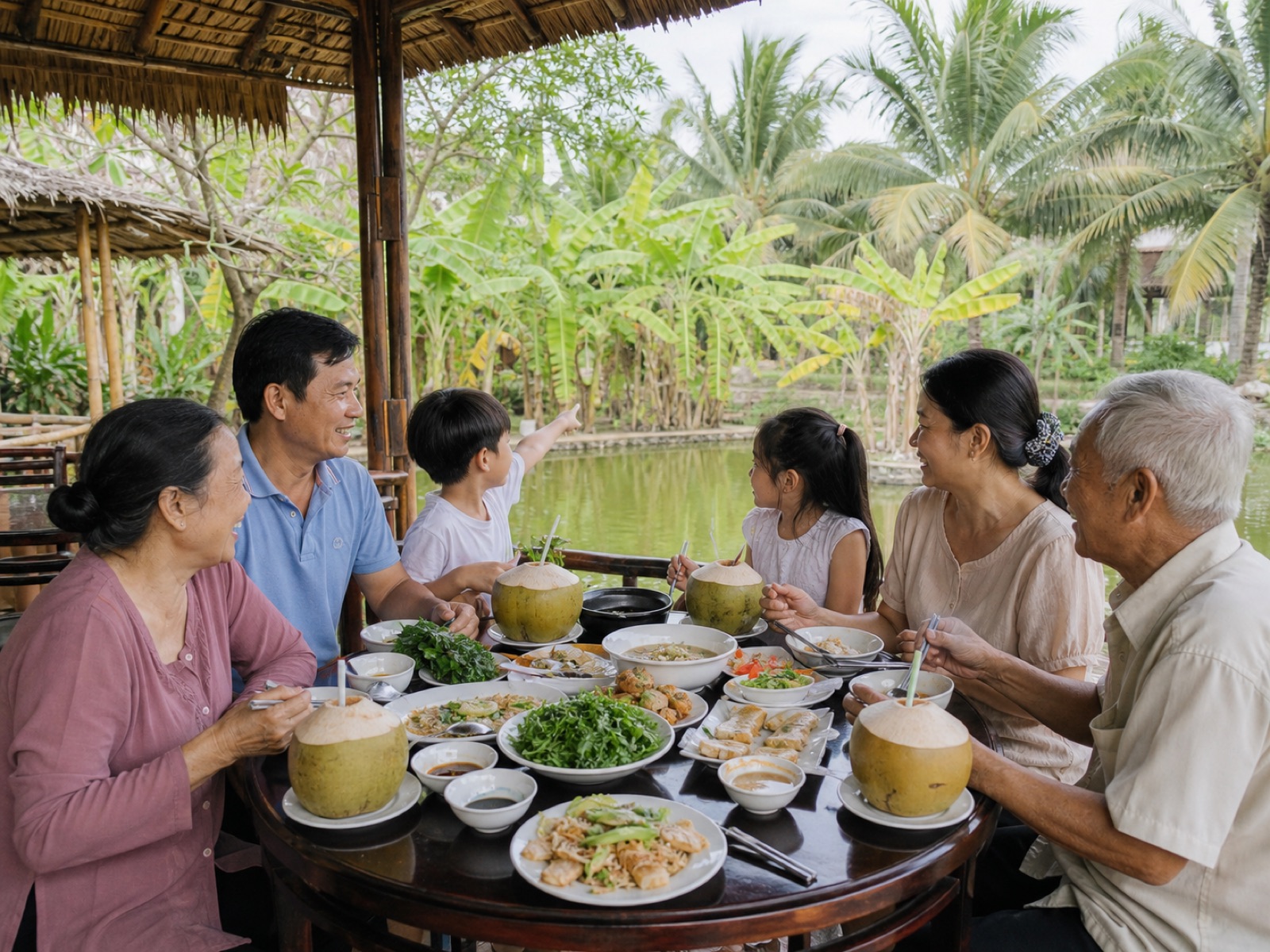 Gia đình nhiều thế hệ quây quần quanh bàn tròn lớn cạnh ao