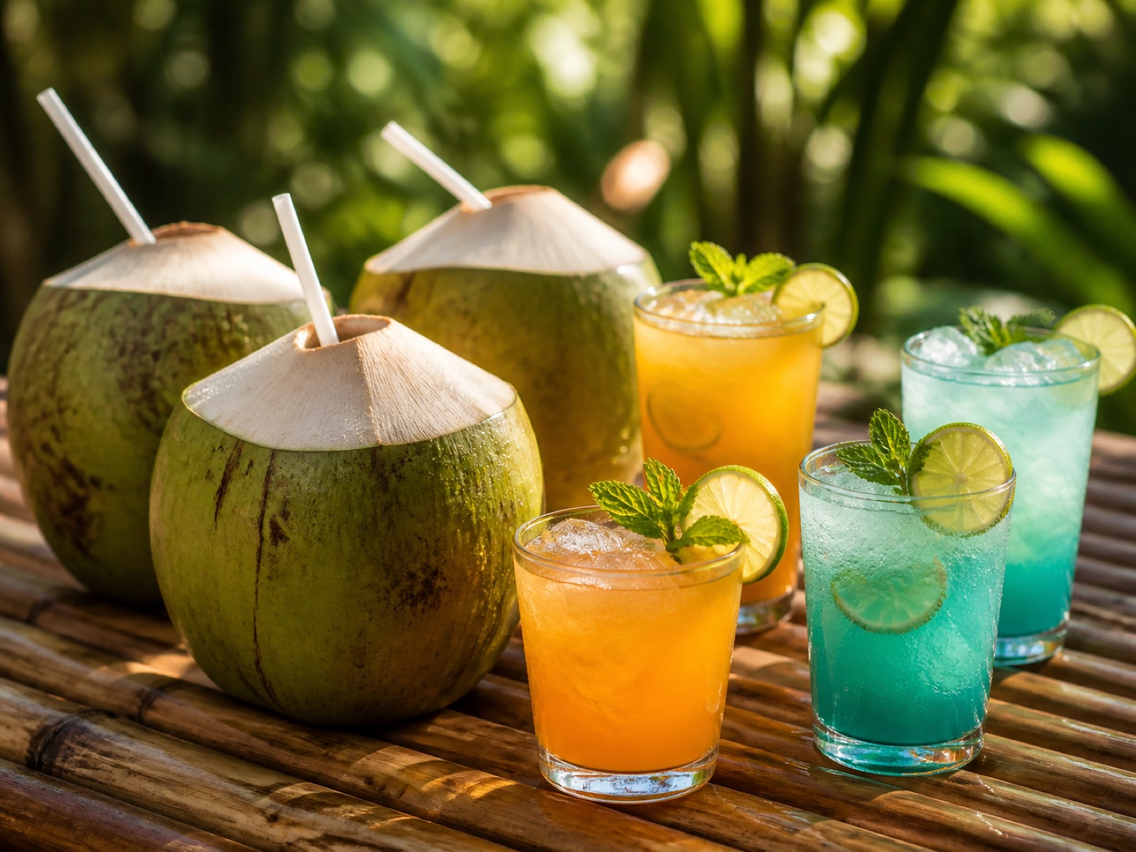 Dừa tươi và cocktail nhiệt đới nhà pha trên bàn tre