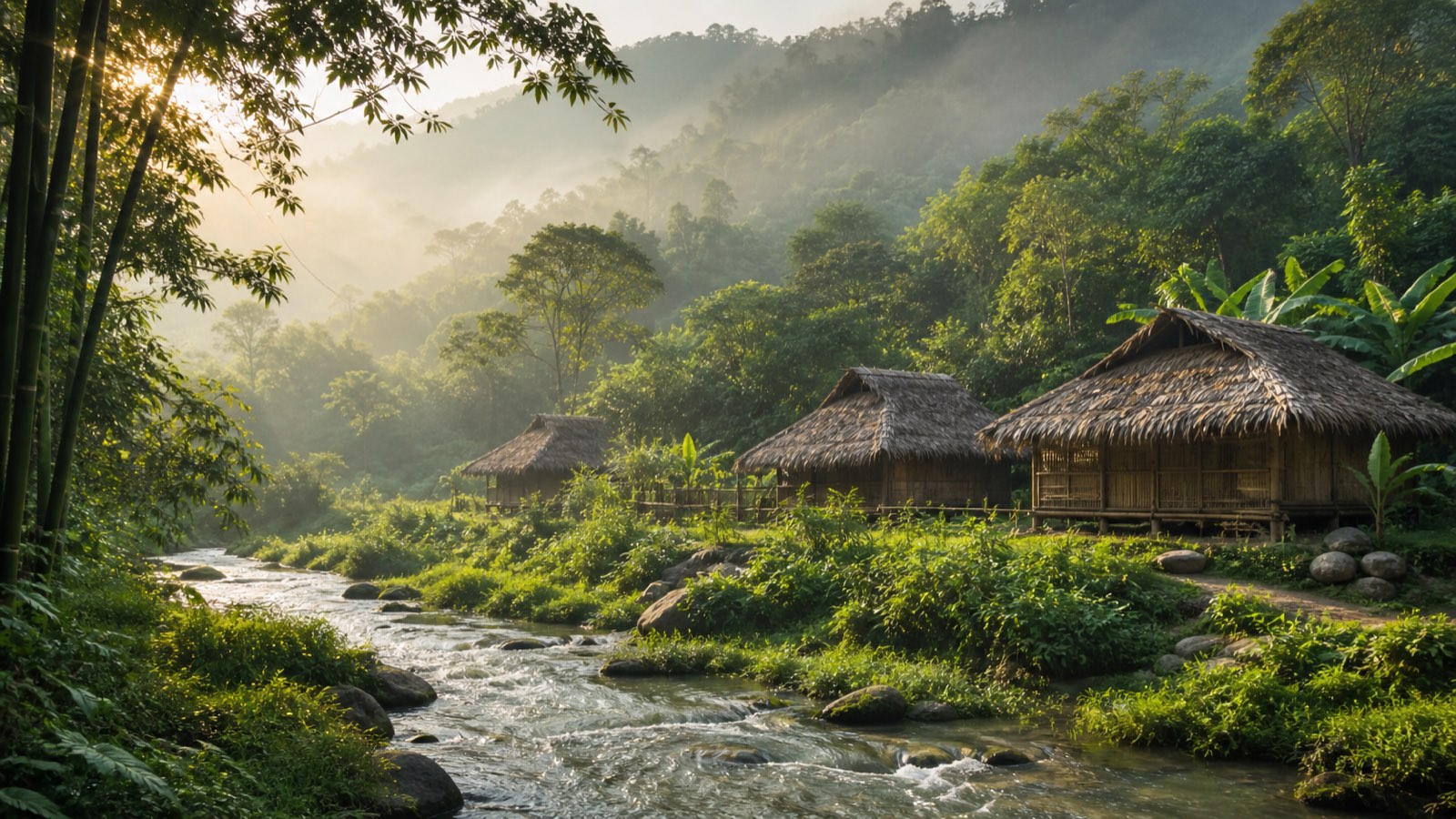 Cụm bungalow tre nứa ven suối trong thung lũng, sáng sớm có sương