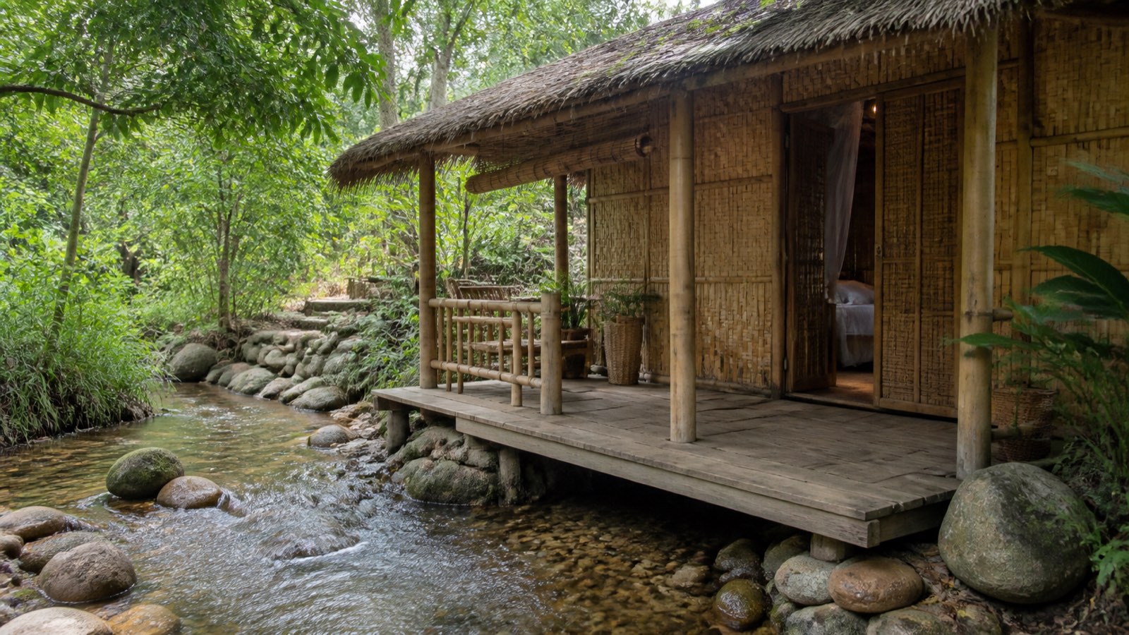 Hiên bungalow tre nứa nhìn ra suối trong rừng