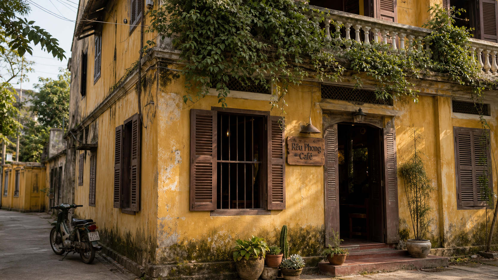Mặt tiền biệt thự Pháp cũ của Rêu Phong Café, tường loang patina, cửa chớp gỗ