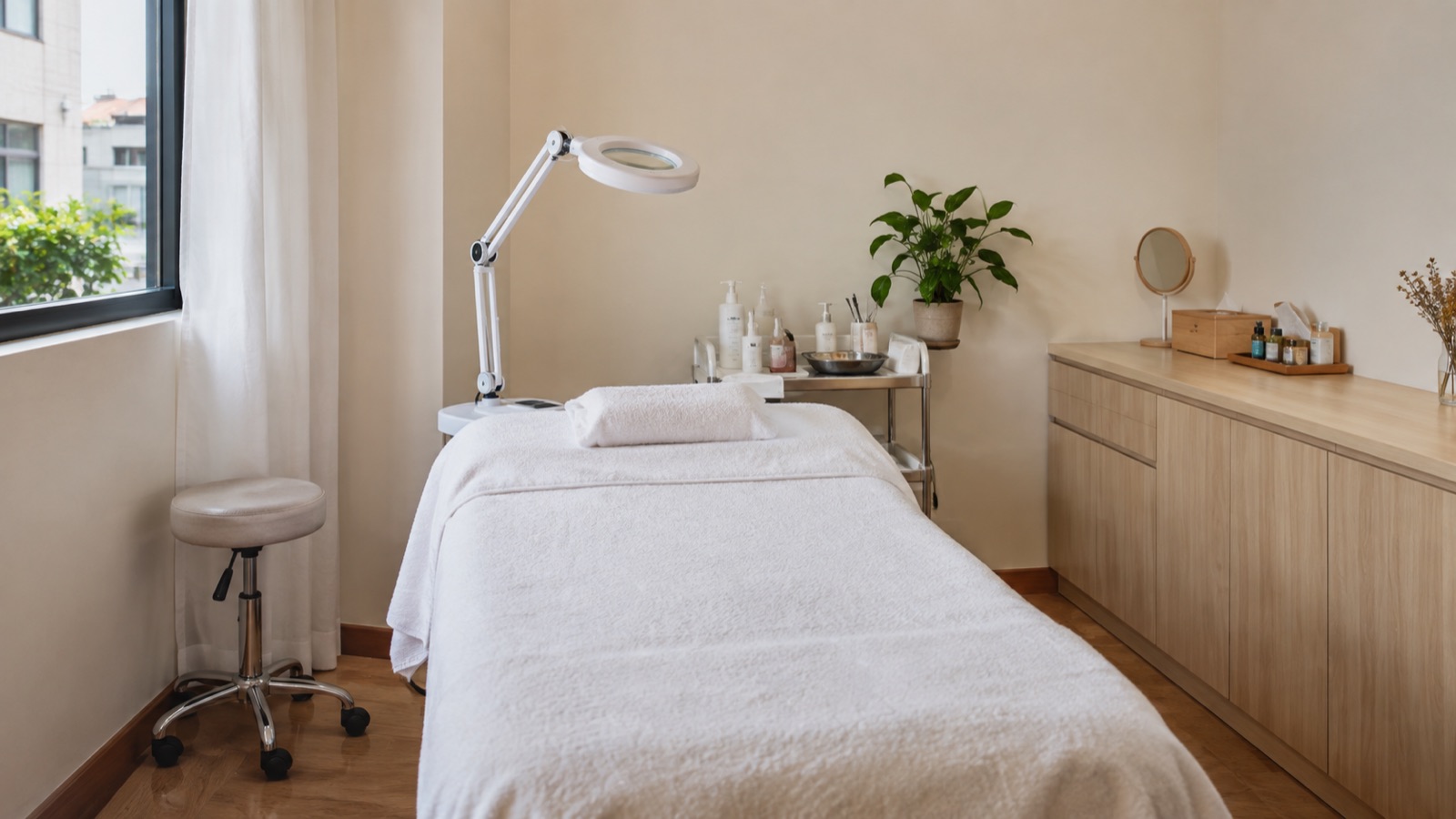 Phòng điều trị với giường trải khăn trắng và đèn soi bên cửa sổ