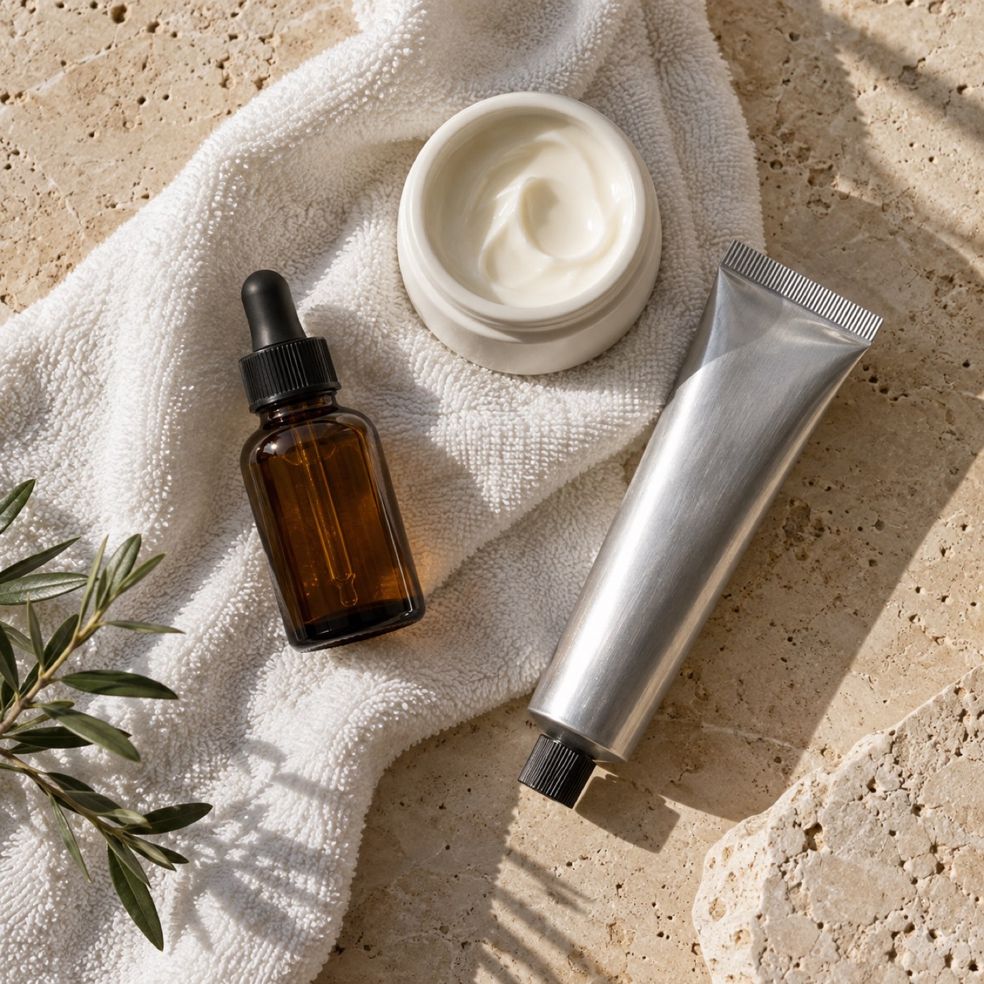 Lọ serum, hũ kem sứ và tuýp nhôm đặt trên khăn cotton