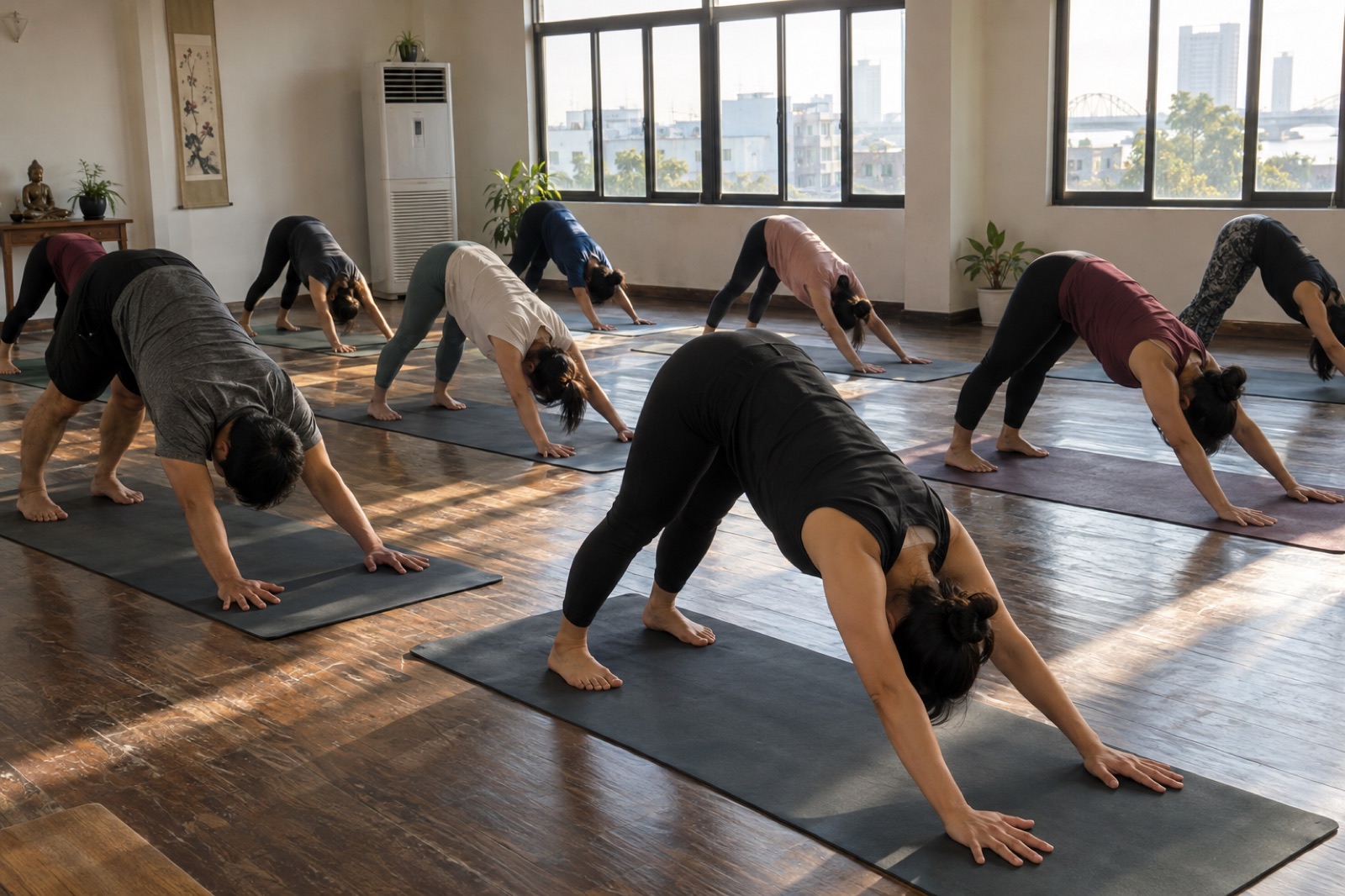 Lớp yoga buổi sáng trên sàn gỗ lim tầng 2, nắng chiếu qua cửa sổ hướng đông