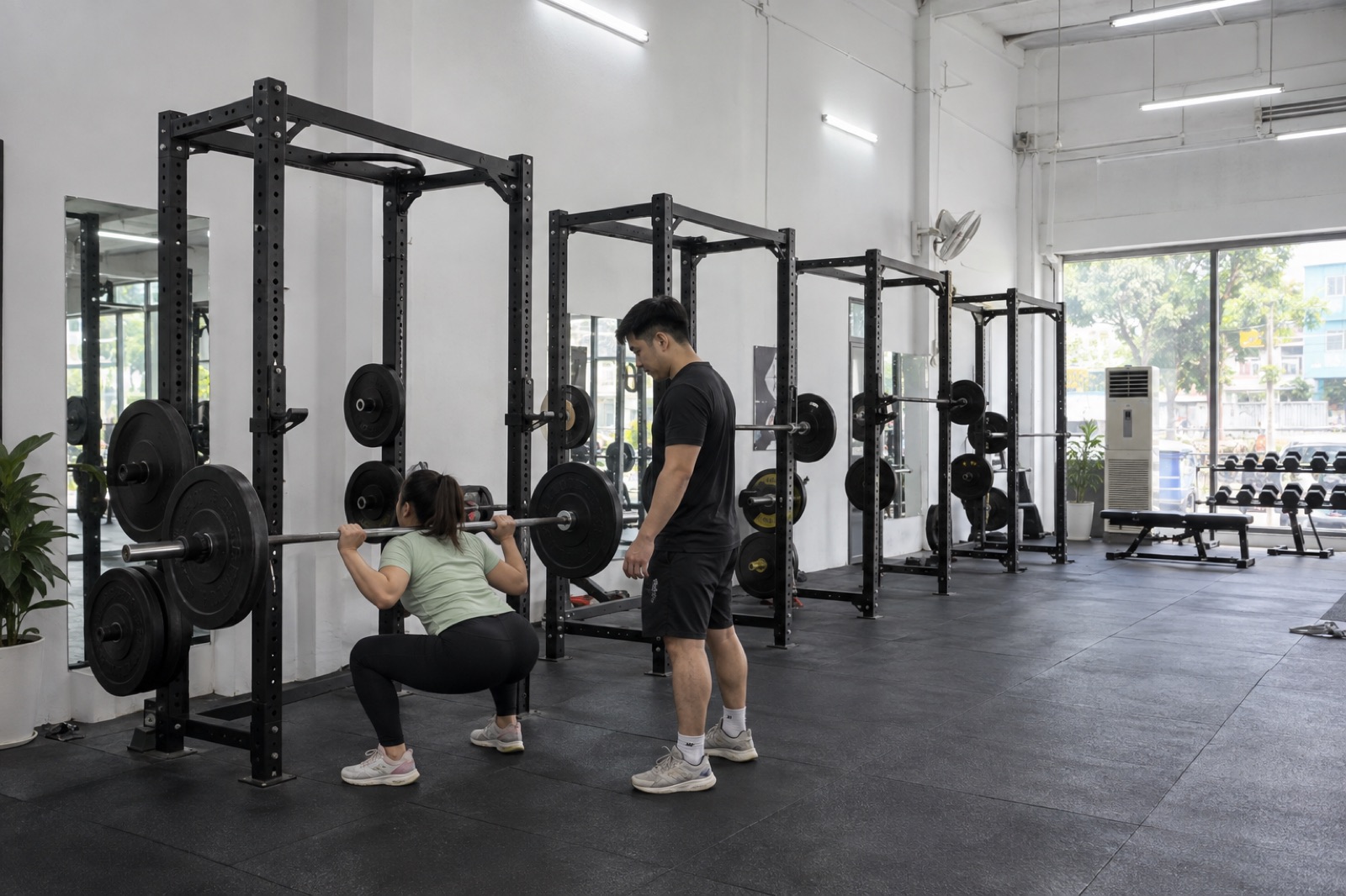 Tầng 1 với bốn rack thép đen, một hội viên đang squat