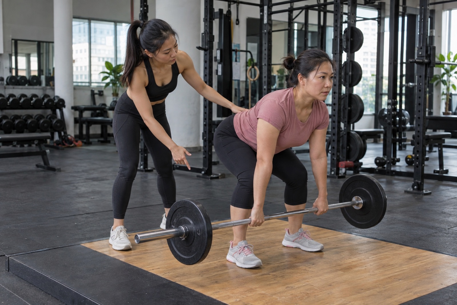 Huấn luyện viên nữ hướng dẫn một người mới deadlift với thanh tạ nhẹ