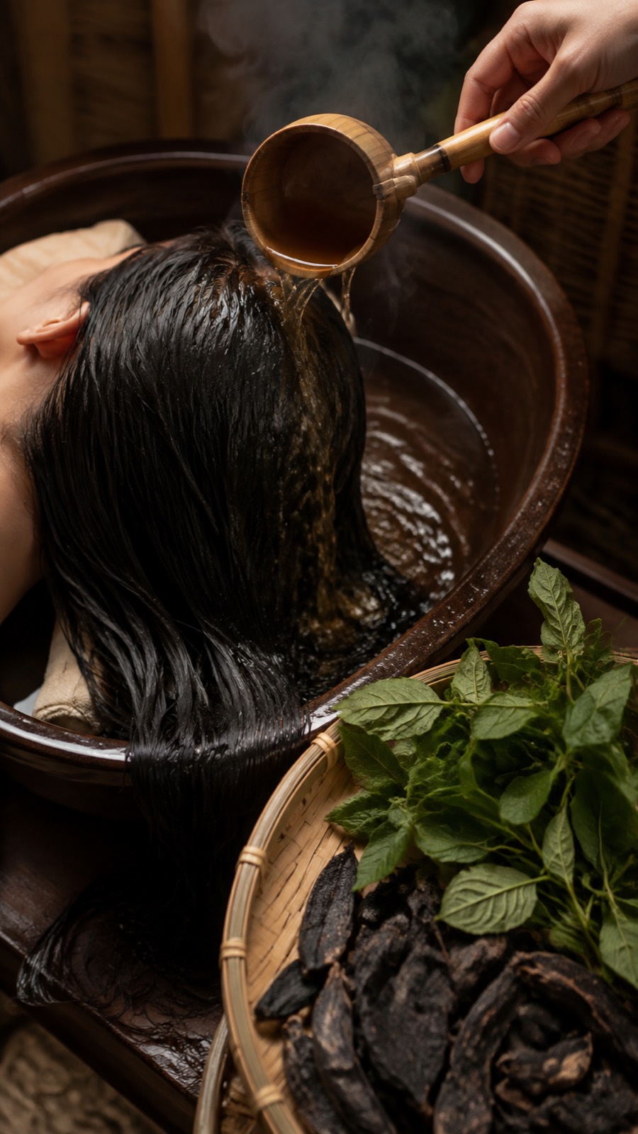 Gội đầu dưỡng sinh: tóc dài trong chậu gốm nâu, nước lá ấm rót từ gáo tre, khay bồ kết và lá hương nhu bên cạnh.