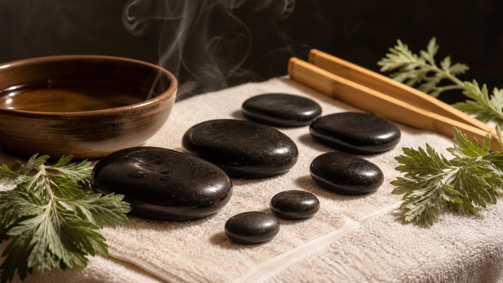 Đá bazan đen còn bốc hơi xếp trên khăn lanh, kẹp tre, bát gốm nước ấm và nhánh ngải cứu bên cạnh.