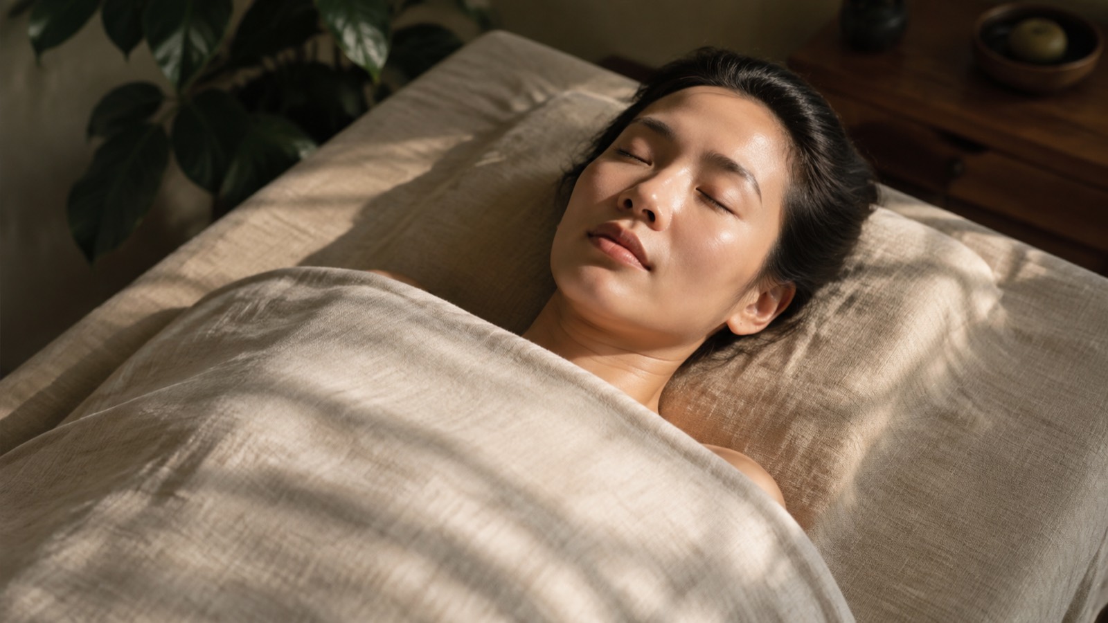 Khách nữ nằm nghỉ, đắp chăn lanh tới vai, mắt nhắm, bóng rèm đổ trên chăn.