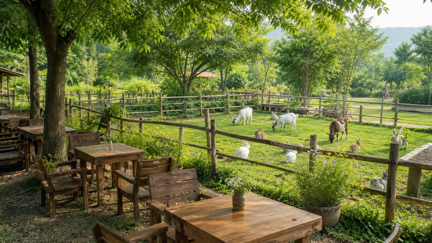 Toàn cảnh Thỏ Bông Garden buổi sáng, bàn ghế gỗ dưới tán cây và khu vườn thú phía xa
