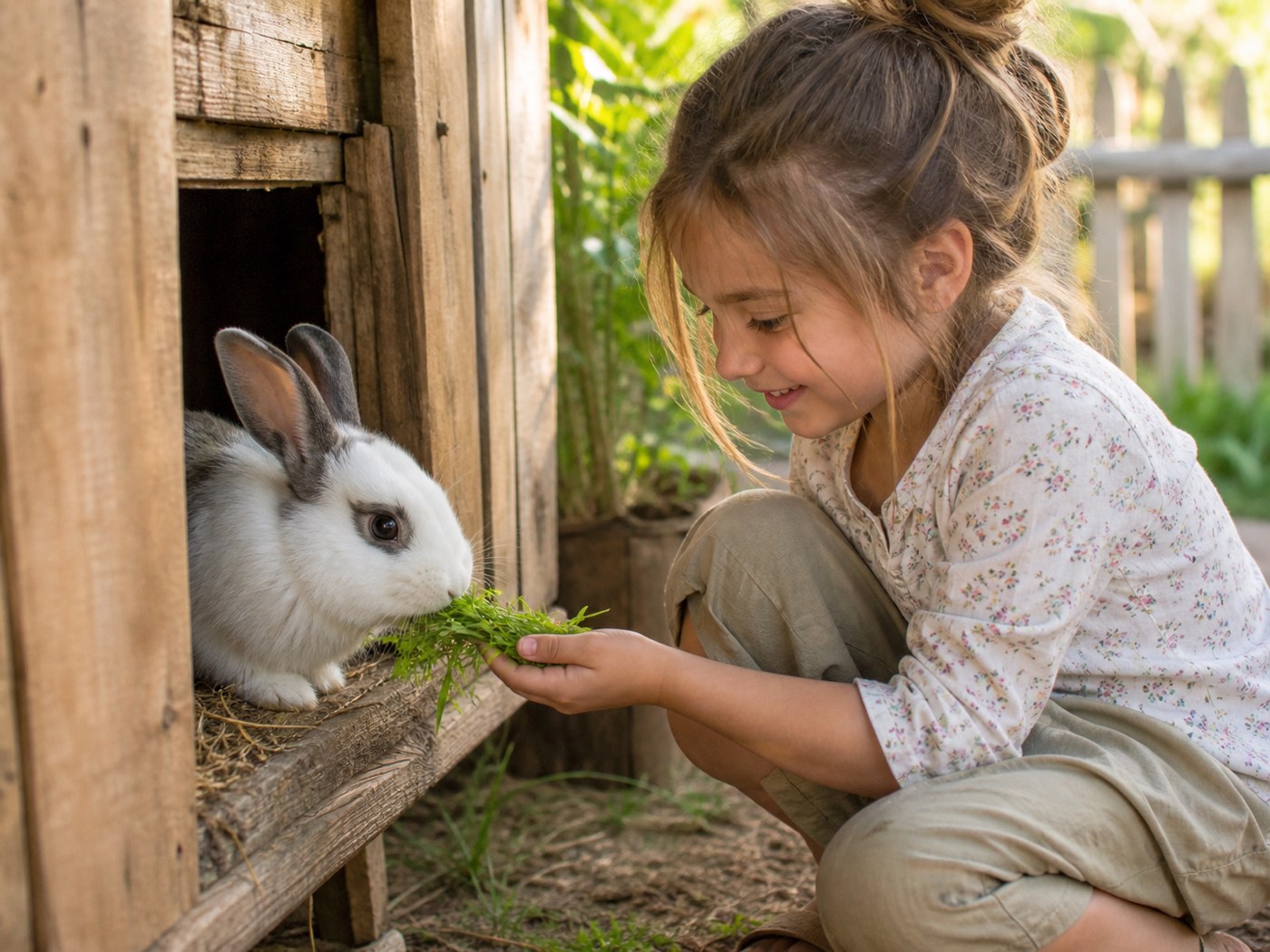 Bé gái ngồi xổm cho thỏ trắng-xám ăn cỏ non từ tay tại chuồng gỗ