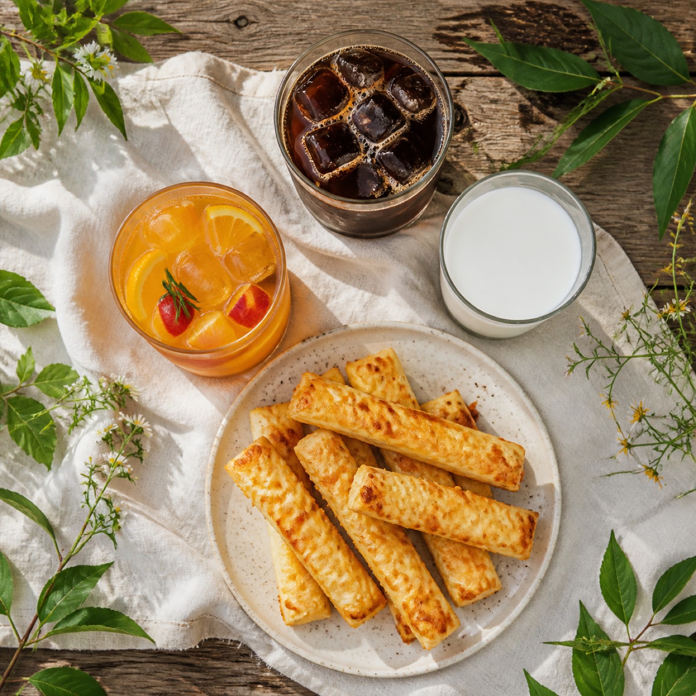 Flatlay đồ uống: cà phê đá, trà trái cây, sữa dê tươi, bánh mì que phô mai trên khăn lanh