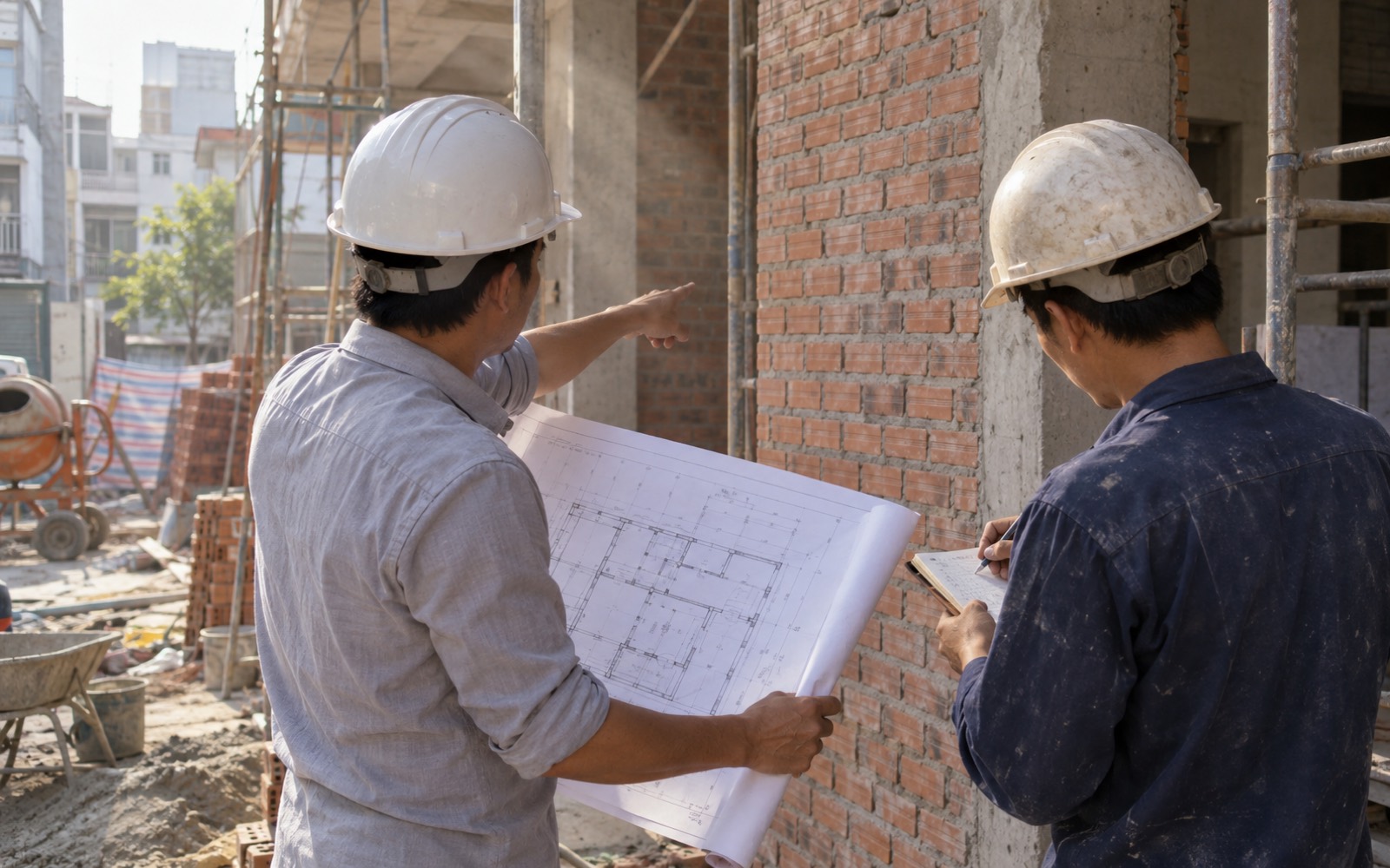 Hai người mũ bảo hộ mở bản vẽ A1 đối chiếu với tường gạch tại công trình