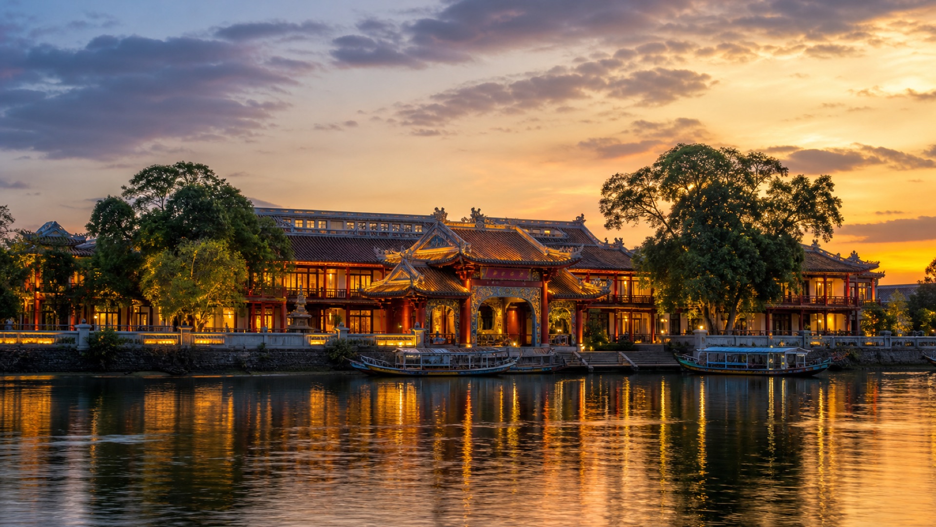 Vàng Son Palace Hotel & Spa lúc hoàng hôn, nhìn từ sông Hương