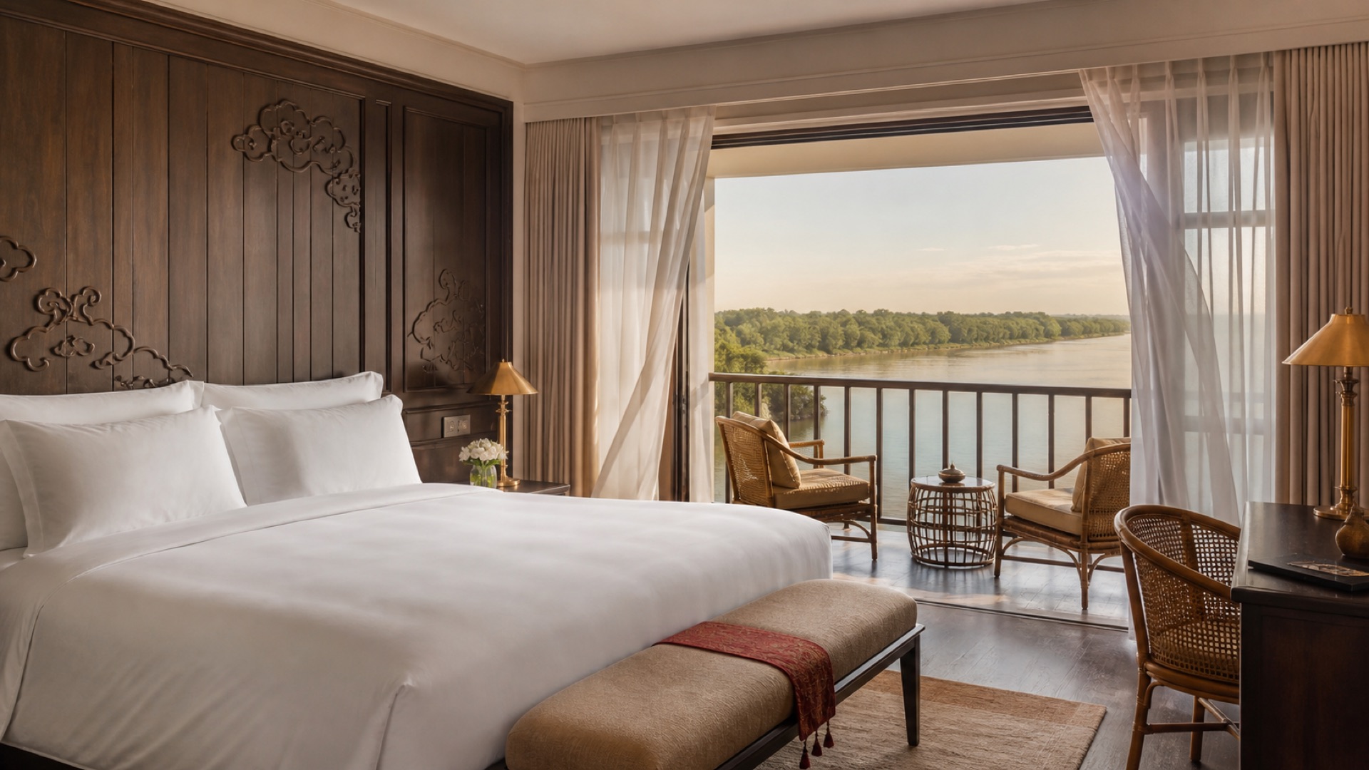 Nội thất Vọng Nguyệt Room với ban công riêng nhìn sông Hương